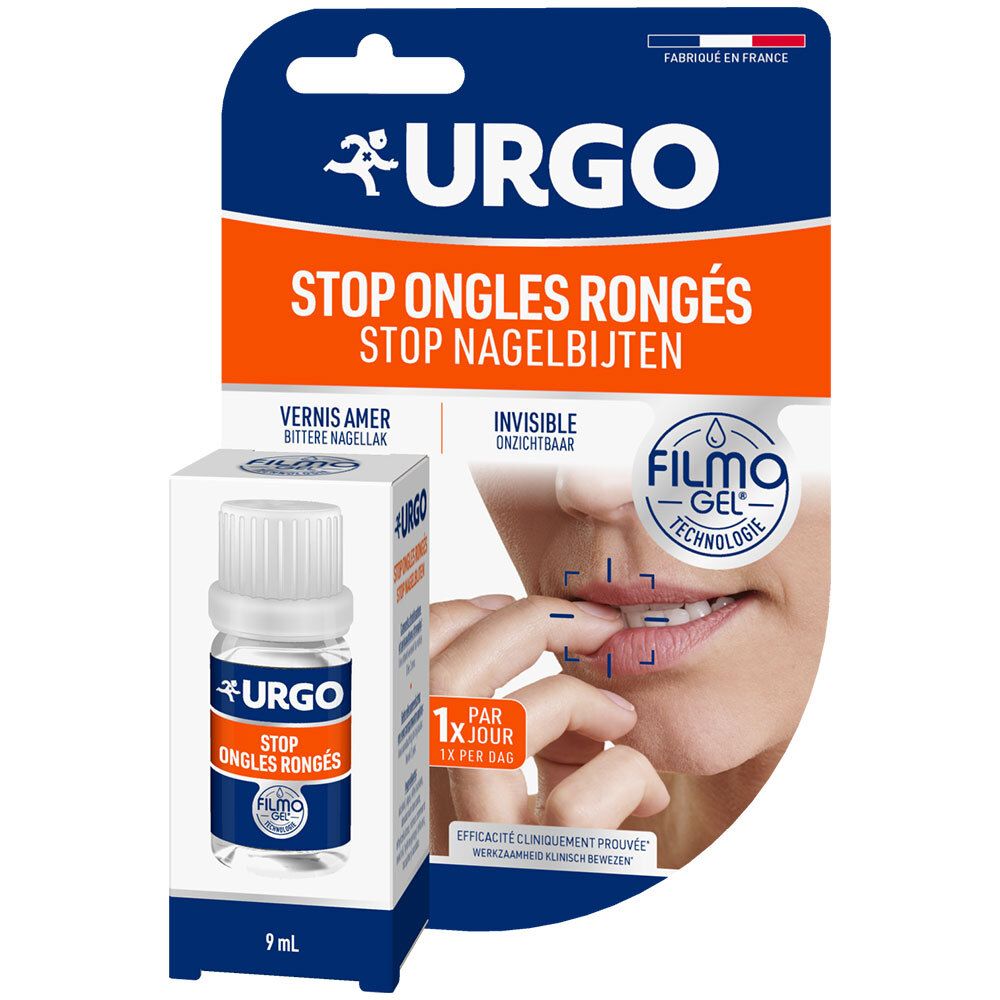 Produktverpackung mit Flasche. URGO Stop Ongles Rongés, Filmogel. Flasche mit weißem Deckel, 9 ml. Verpackung mit Produktabbildung.