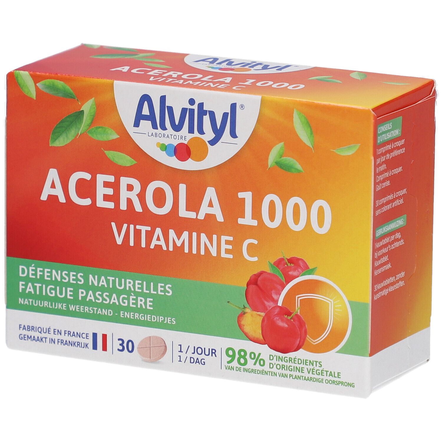 Verpackung von Alvityl Acerola 1000 Vitamin C. Orange-roter Karton mit Produktnamen und Logo. 30 Tabletten.