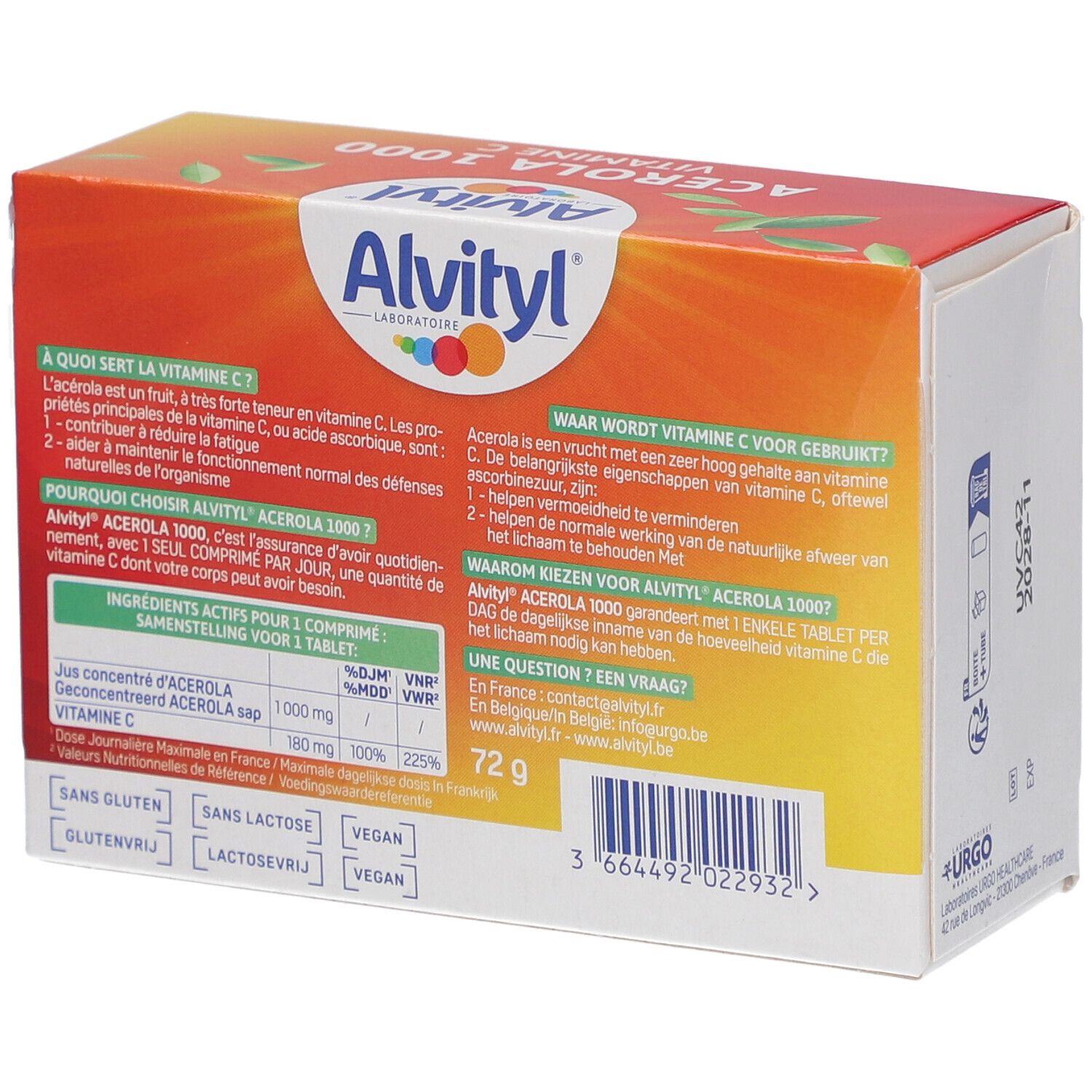 Rückseite der Alvityl Acerola 1000 Vitamin C Verpackung. Text in mehreren Sprachen. Enthält Informationen zum Produkt.