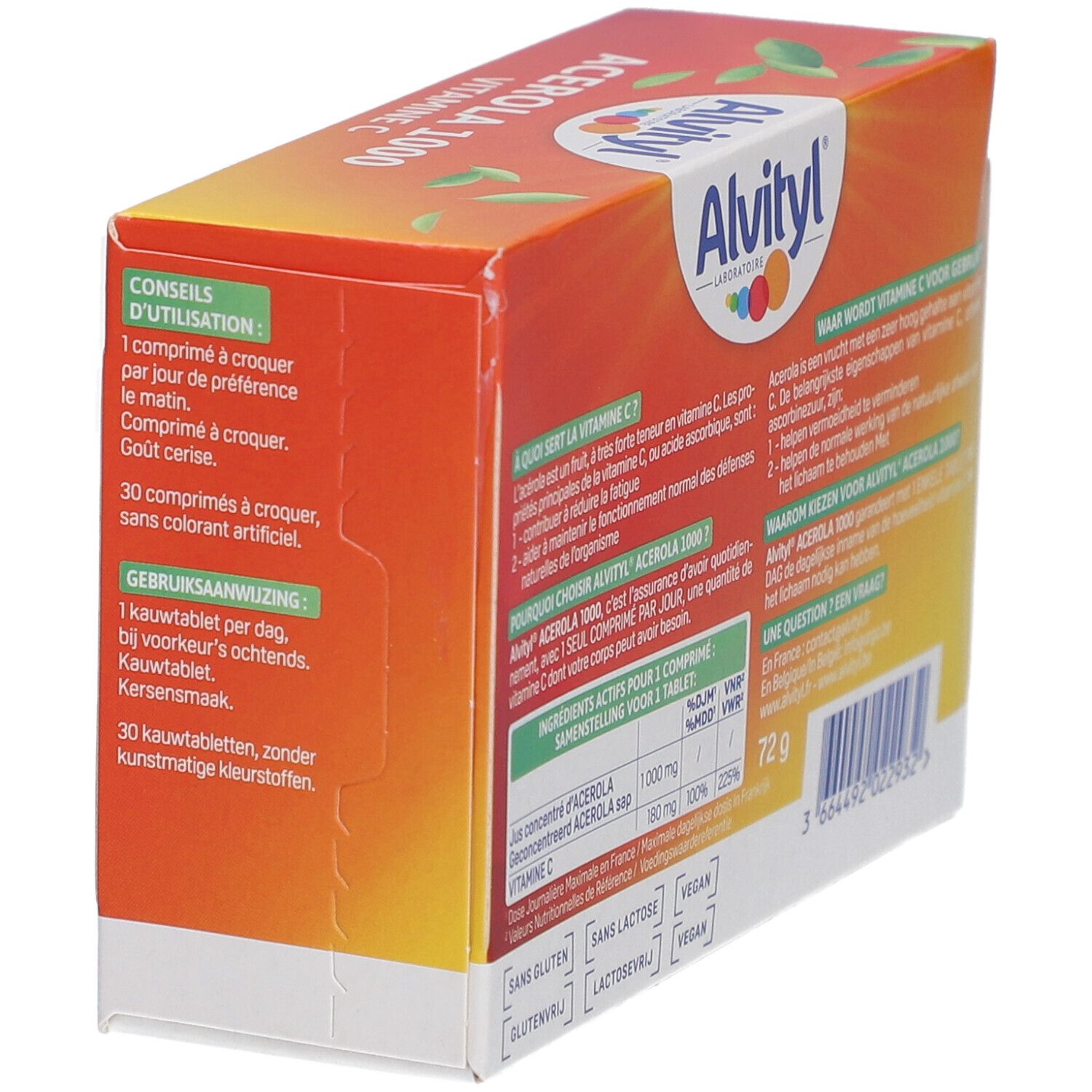 Seite der Alvityl Acerola 1000 Vitamin C Verpackung. Text in mehreren Sprachen. Enthält Informationen zur Anwendung.