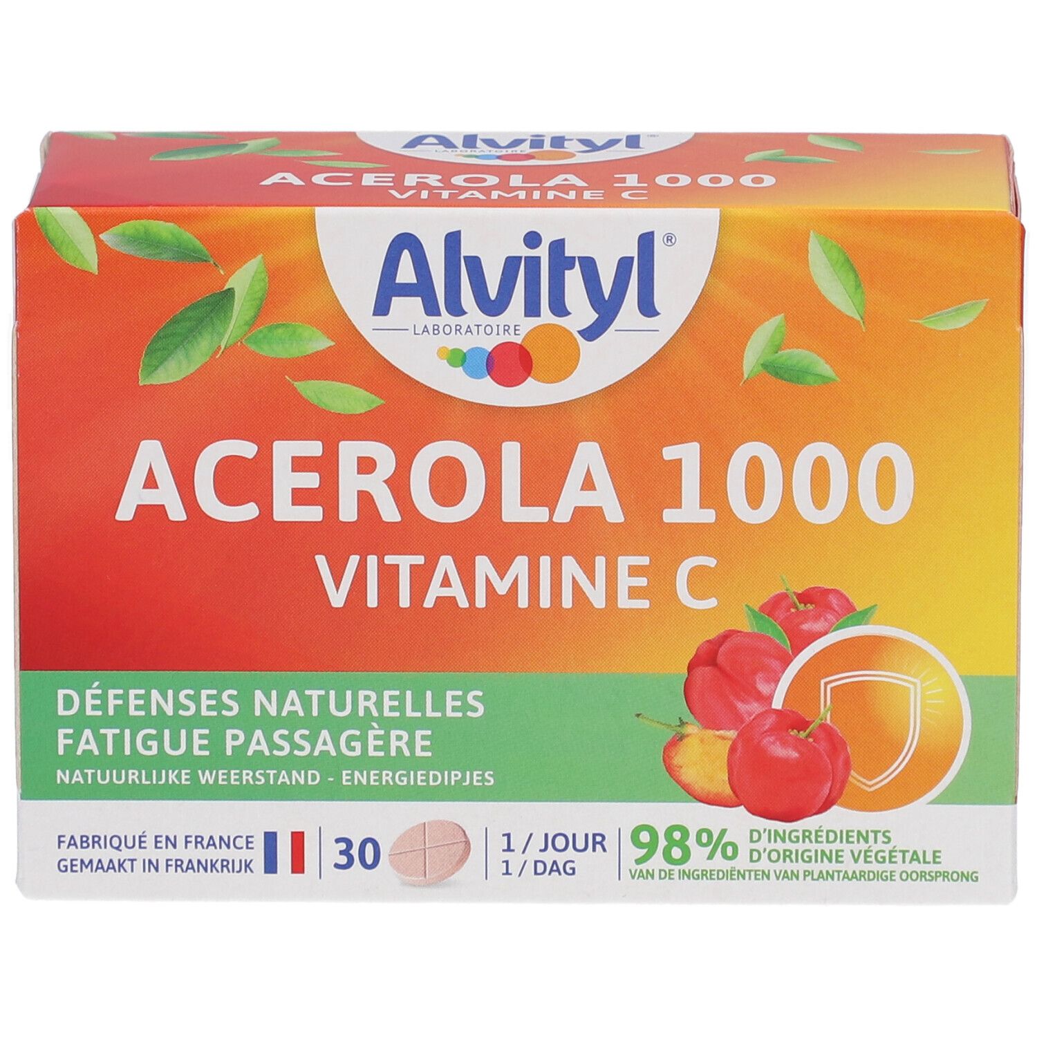 Alvityl Acerola 1000 Vitamin C Verpackung. Orange-roter Karton mit Produktnamen und Logo. 30 Tabletten.
