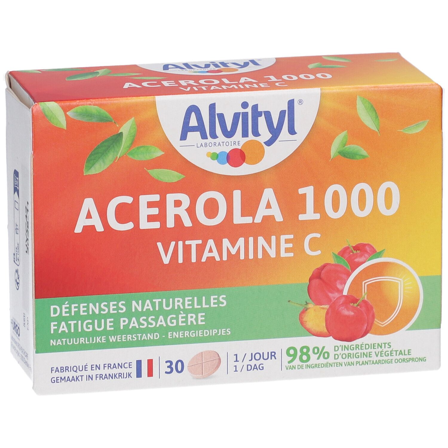 Alvityl Acerola 1000 Vitamin C Verpackung. Orange-roter Karton mit Produktnamen und Logo. 30 Tabletten.