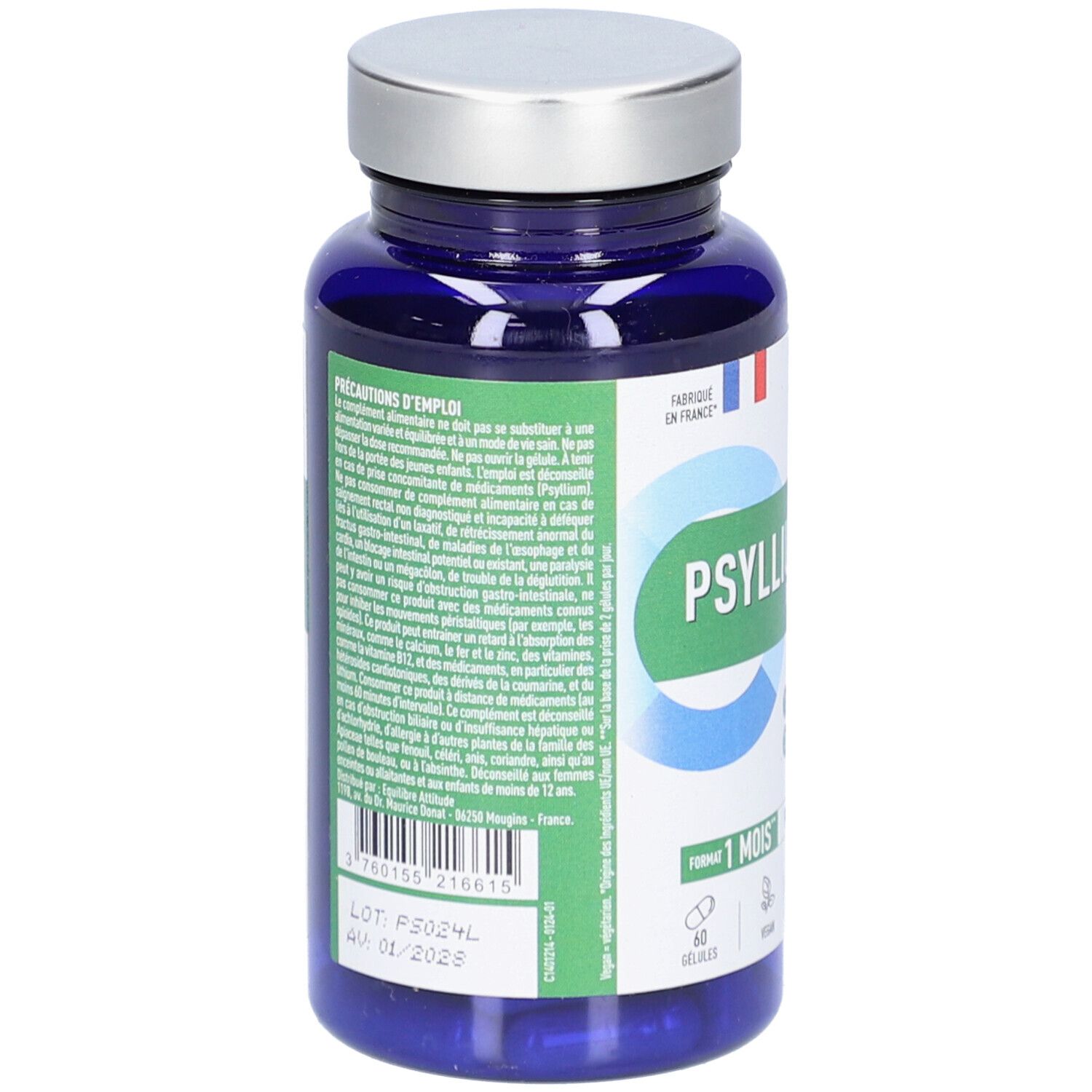 Dos du flacon bleu de gélules. Texte sur les précautions et les ingrédients. Fabriqué en France.