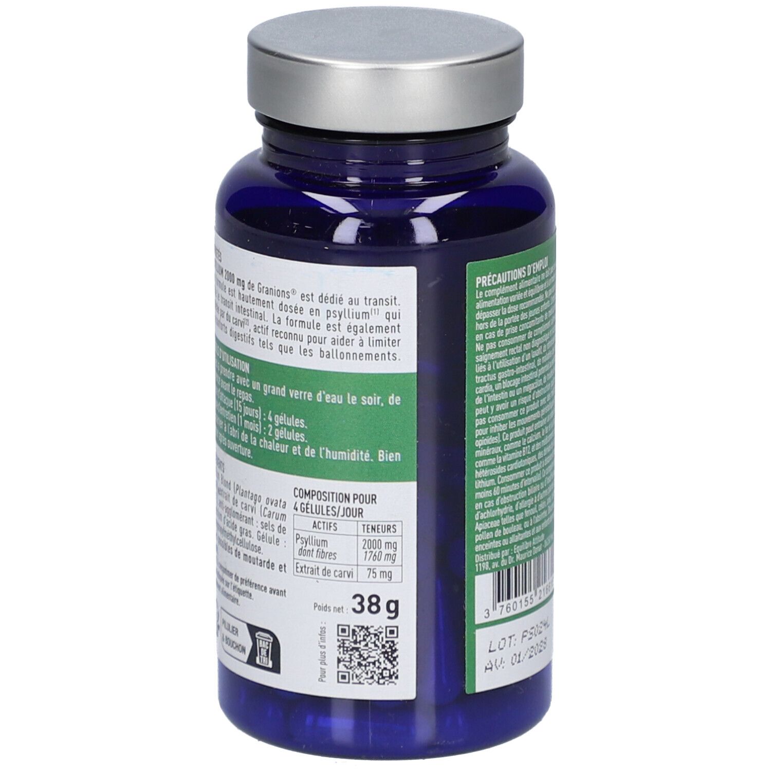 Dos du flacon bleu de gélules. Texte sur les ingrédients et l'utilisation. Poids: 38 g.