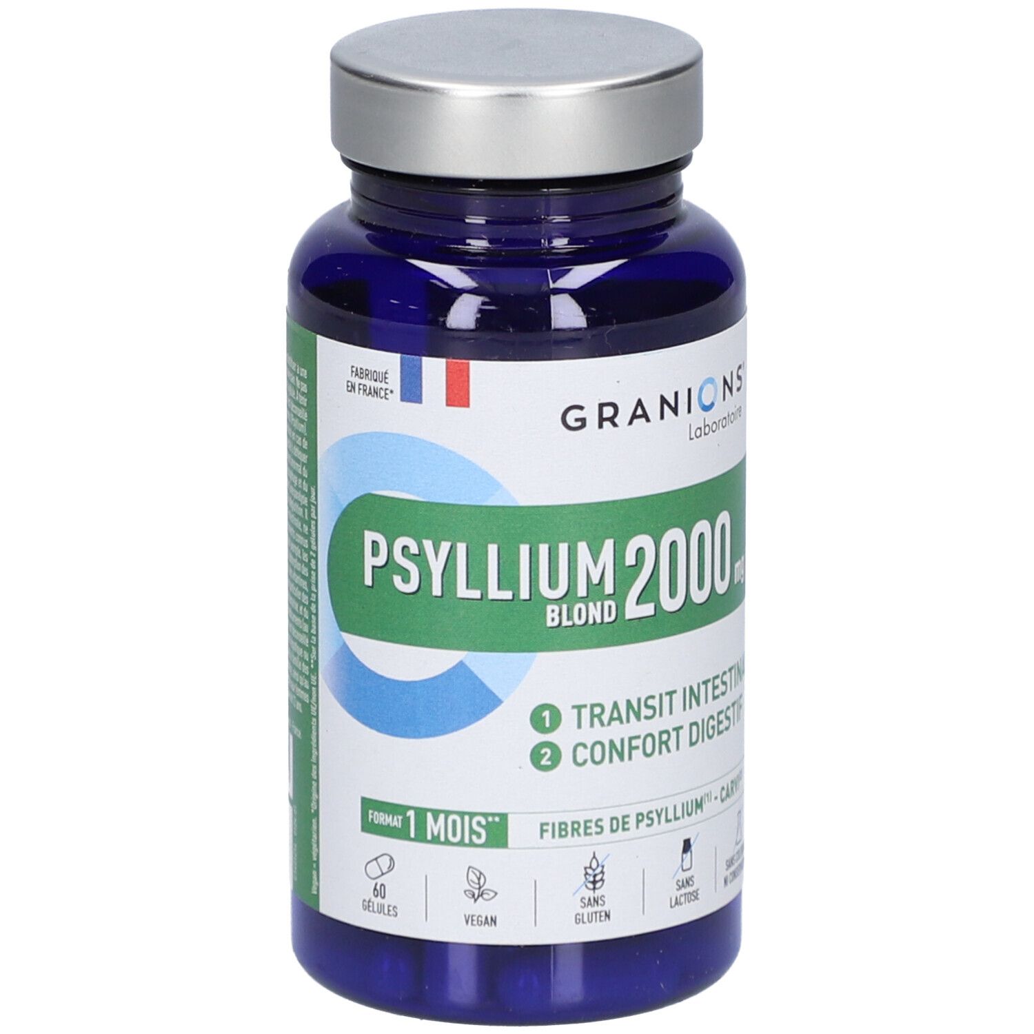 Flacon bleu de gélules. Inscription: GRANIONS Psyllium Blond 2000 mg. Vegan, sans gluten, sans lactose.