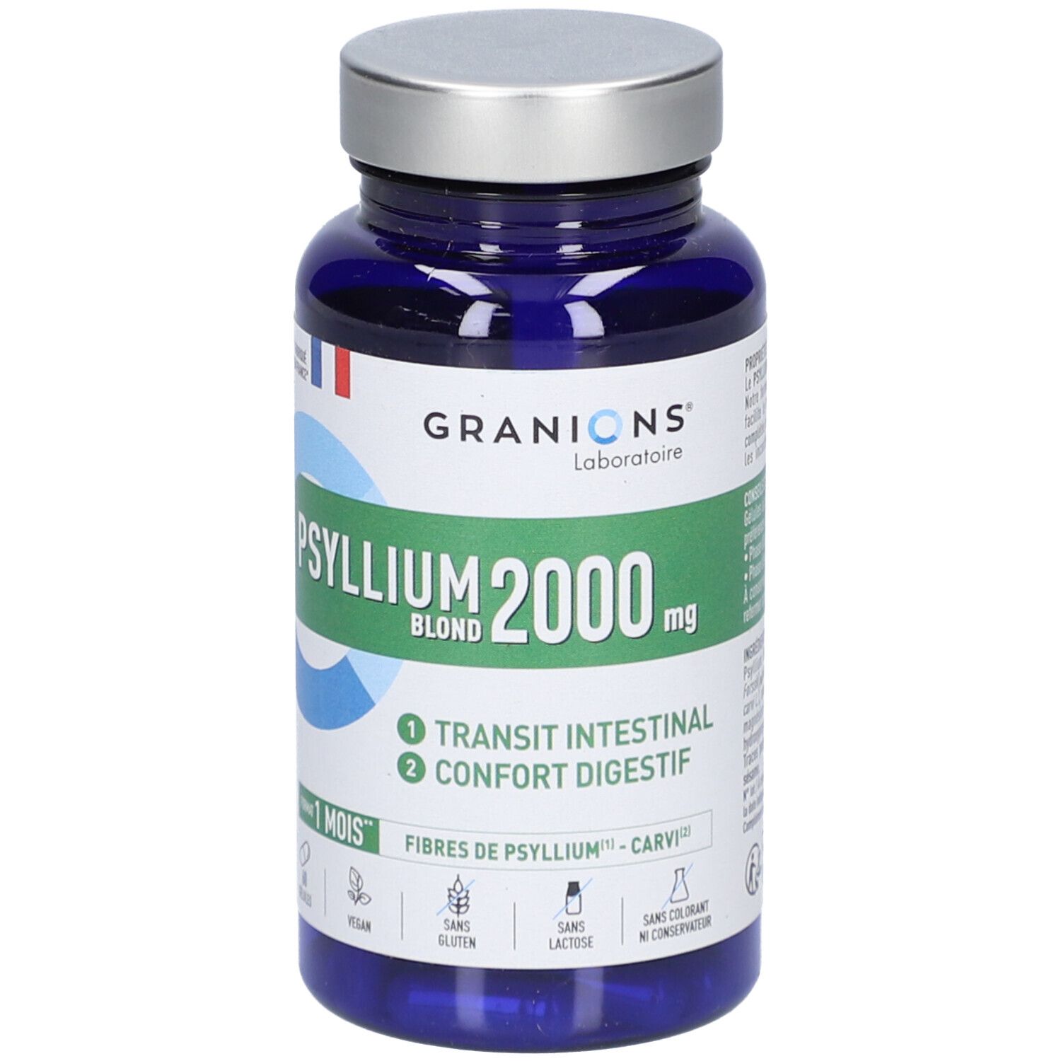 Flacon bleu de gélules. Inscription: GRANIONS Psyllium Blond 2000 mg. Vegan, sans gluten, sans lactose.