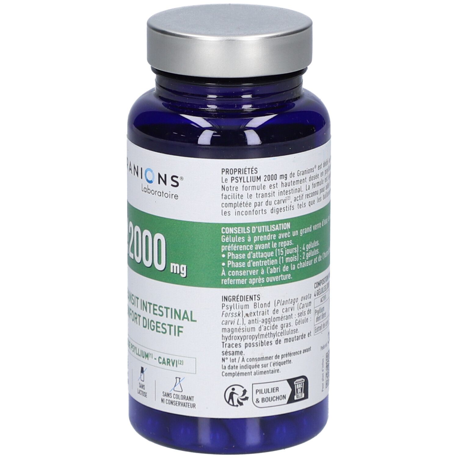 Dos du flacon bleu de gélules. Texte sur les propriétés, l'utilisation et les ingrédients.