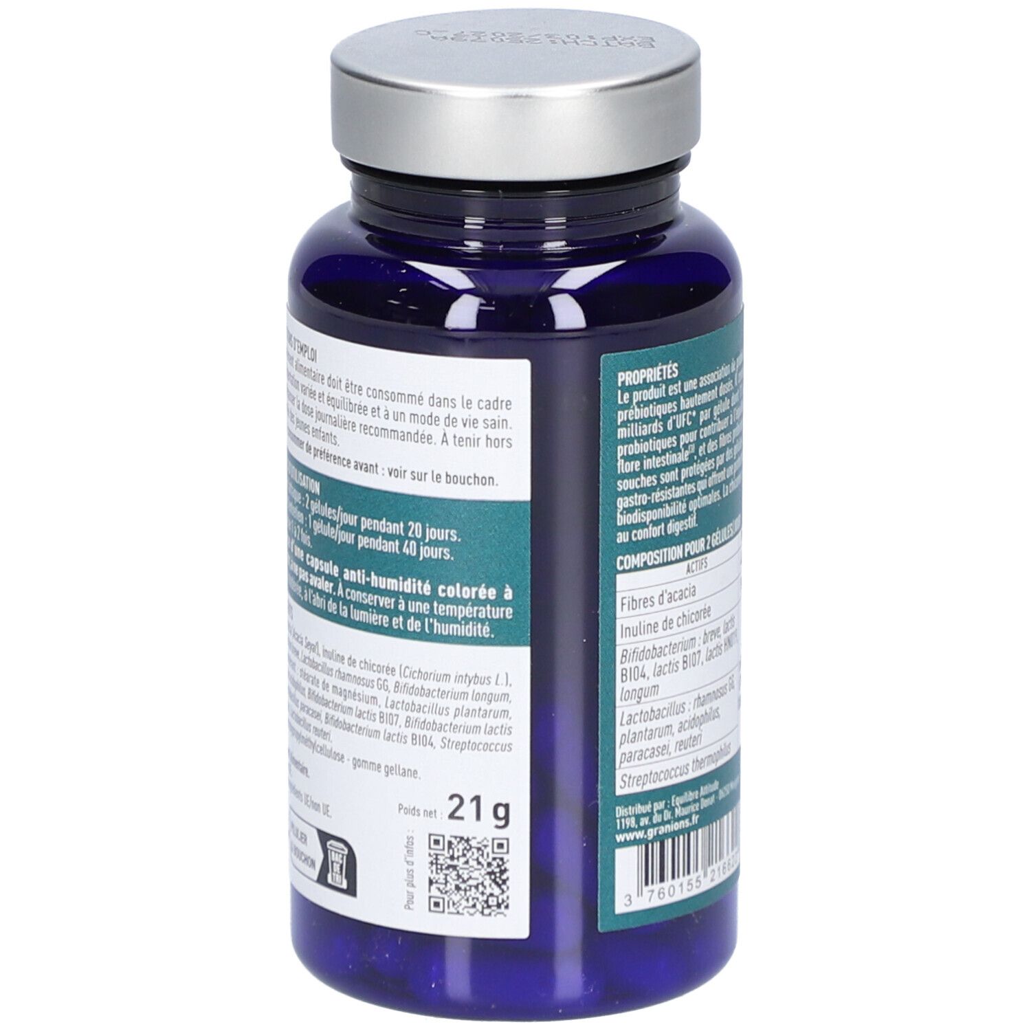 Rückseite der blauen Flasche. Text: Inhaltsstoffe, Anwendungshinweise. Gewicht: 21g. QR-Code.