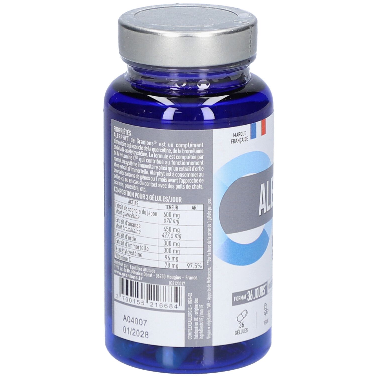 Rückseite der blauen Flasche mit Kapseln. Enthält Informationen zu Inhaltsstoffen und Dosierung. Hergestellt in Frankreich. 36 Kapseln.