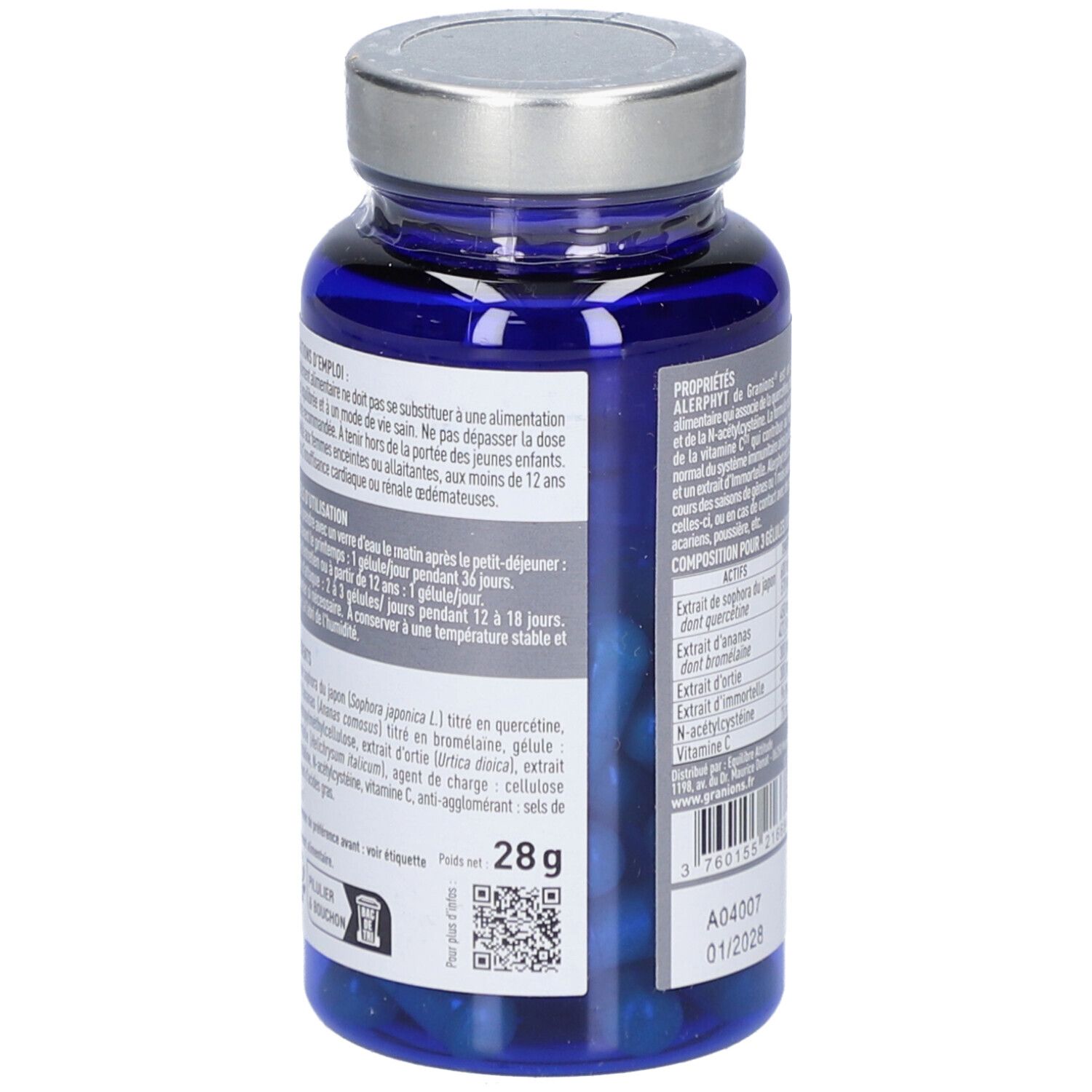 Rückseite der blauen Flasche mit Kapseln. Enthält Informationen zu Inhaltsstoffen und Anwendung. Gewicht: 28 g. QR-Code.