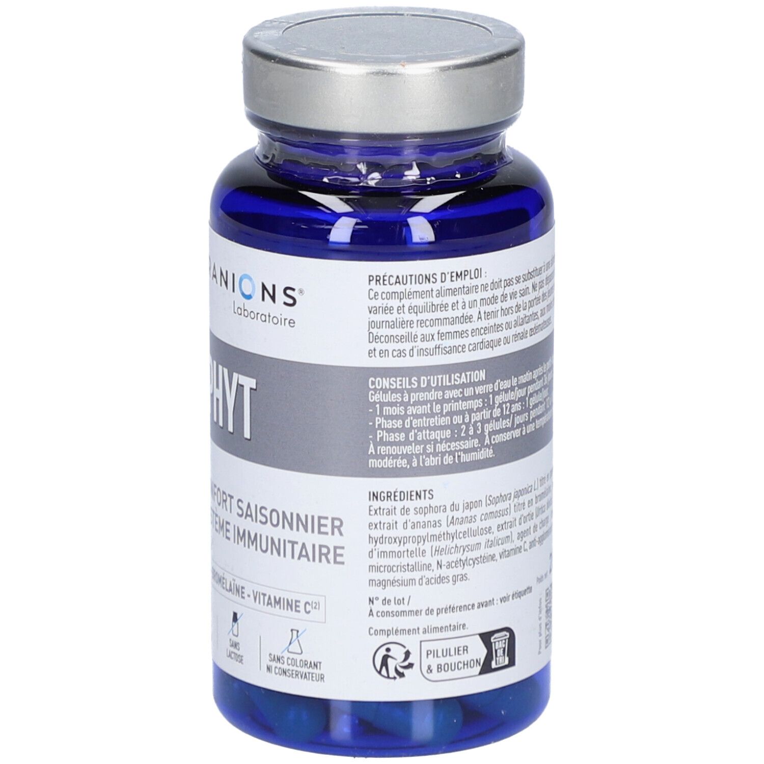 Blaue Flasche mit Kapseln. Aufschrift: GRANIONS Alerphyt. Enthält Informationen zu Inhaltsstoffen und Anwendung. Vegan, glutenfrei, laktosefrei.