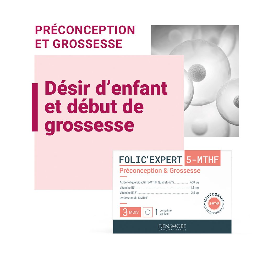 Boîte Folic'Expert 5-MTHF. Préconception et Grossesse. Désir d'enfant et début de grossesse. Contient des vitamines.