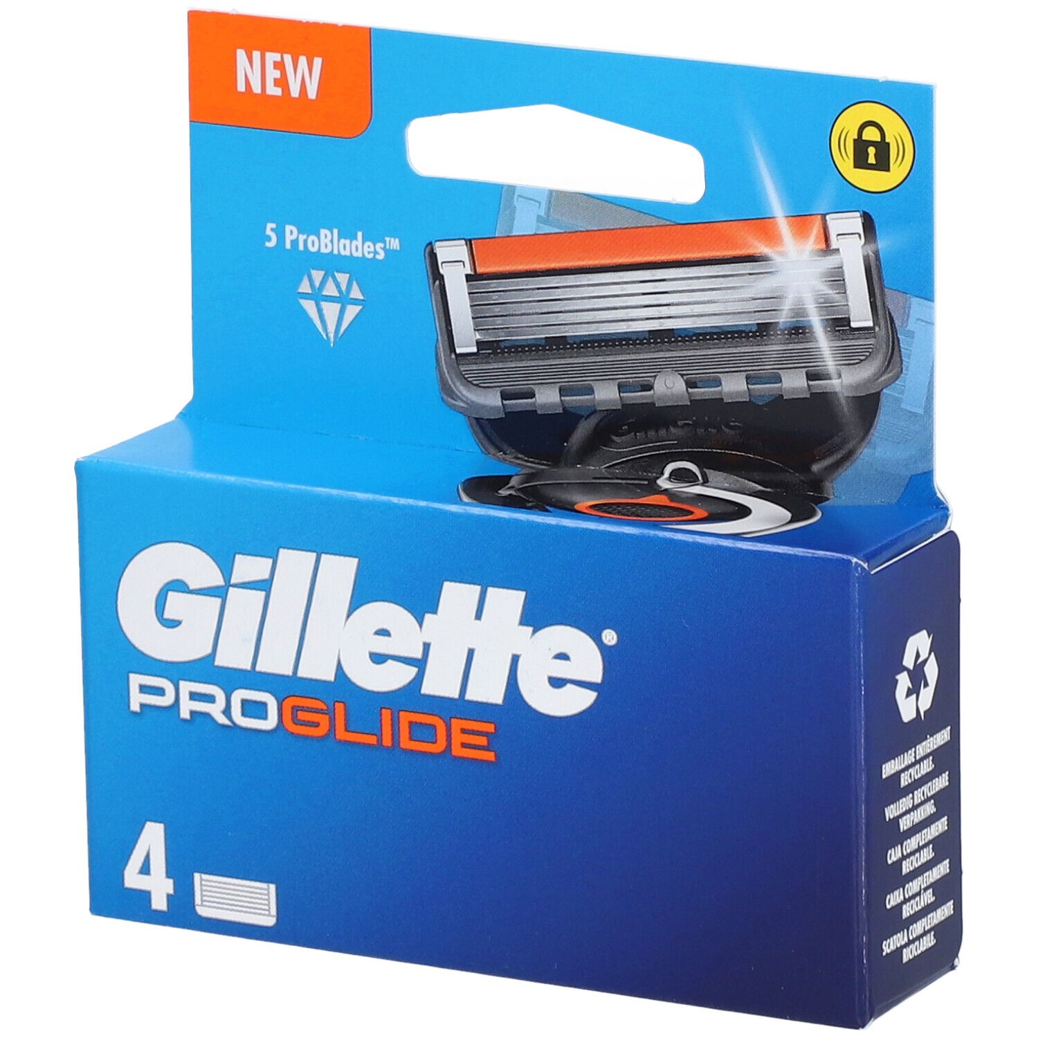 Paquet de recharges Gillette Proglide. Emballage bleu avec 4 lames. Visible : tête de rasoir, bande orange, mention "NEW".