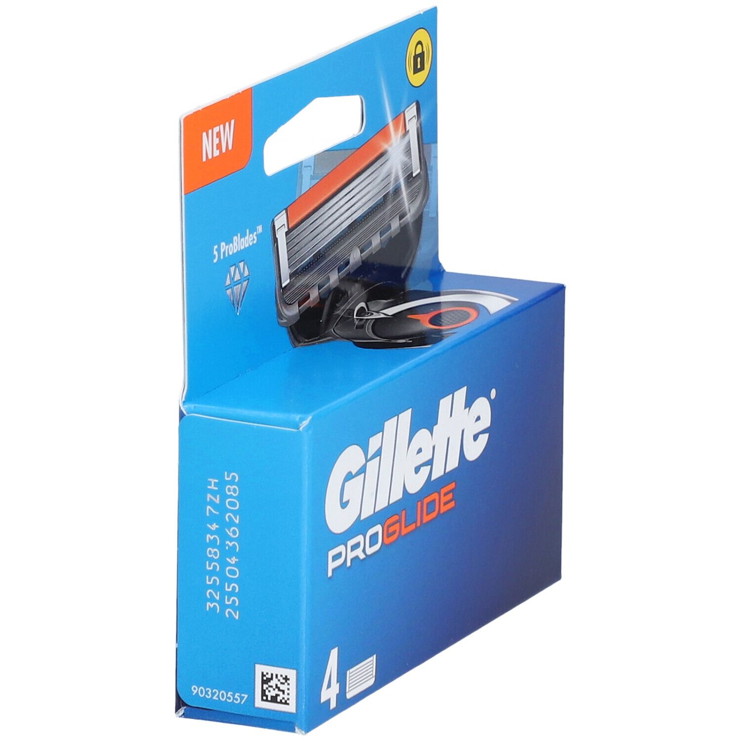 Paquet de recharges Gillette Proglide. Emballage bleu avec 4 lames. Visible : tête de rasoir, bande orange, mention "NEW".