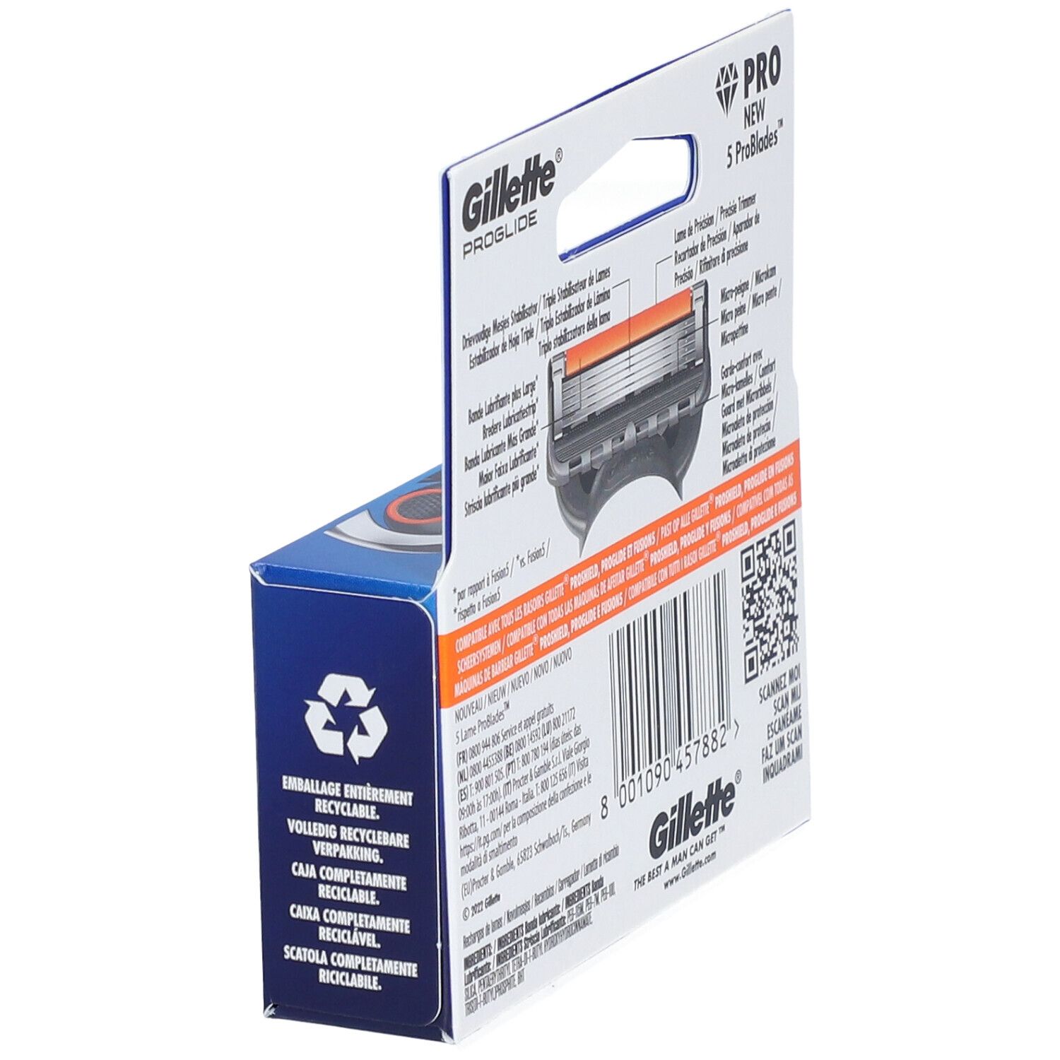 Paquet de recharges Gillette Proglide. Dos avec texte et code QR. Visible : tête de rasoir, bande orange, symbole de recyclage.