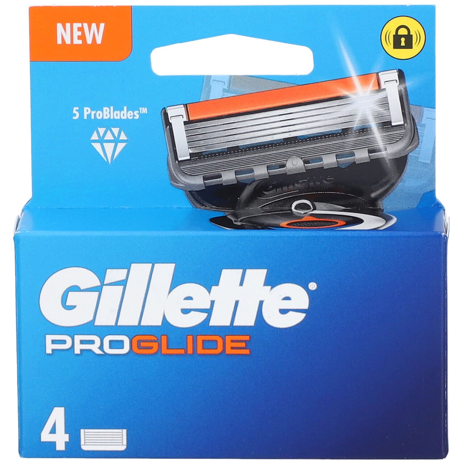 Paquet de recharges Gillette Proglide. Emballage bleu avec 4 lames. Visible : tête de rasoir, bande orange, mention "NEW".