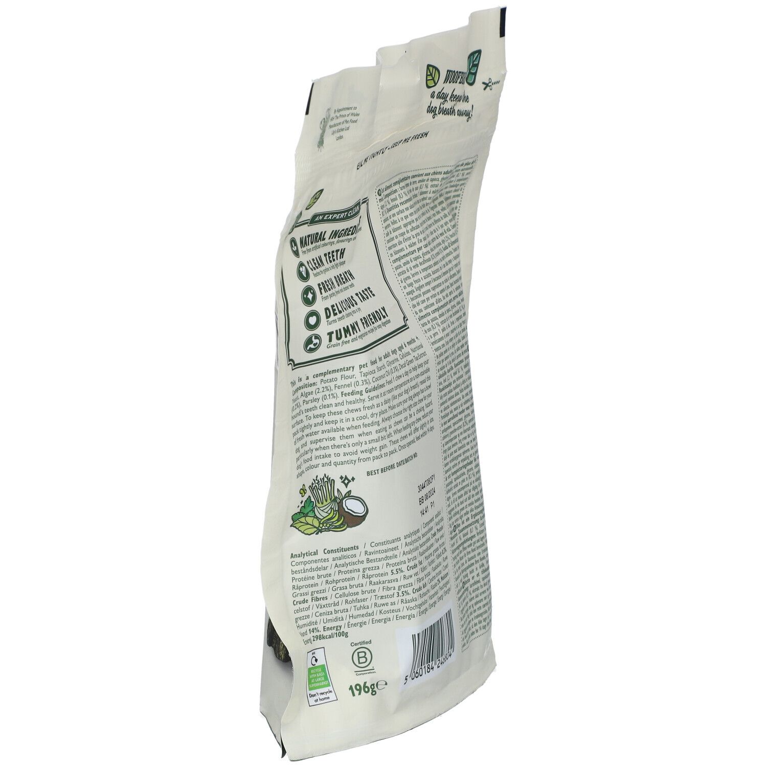 Vue latérale de l'emballage Lily's® Kitchen Woofbrush®. Sachet blanc avec texte et logos.