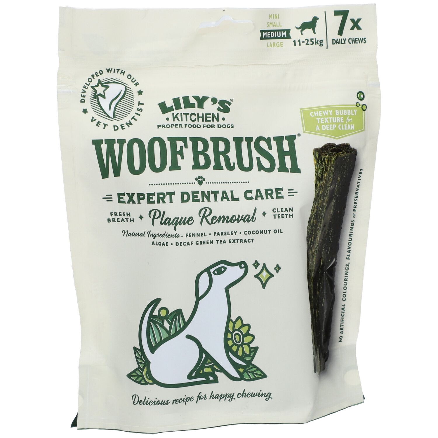 Lily's® Kitchen Woofbrush® Multipack. Emballage blanc avec produit, logo, nom et bâtonnets dentaires.