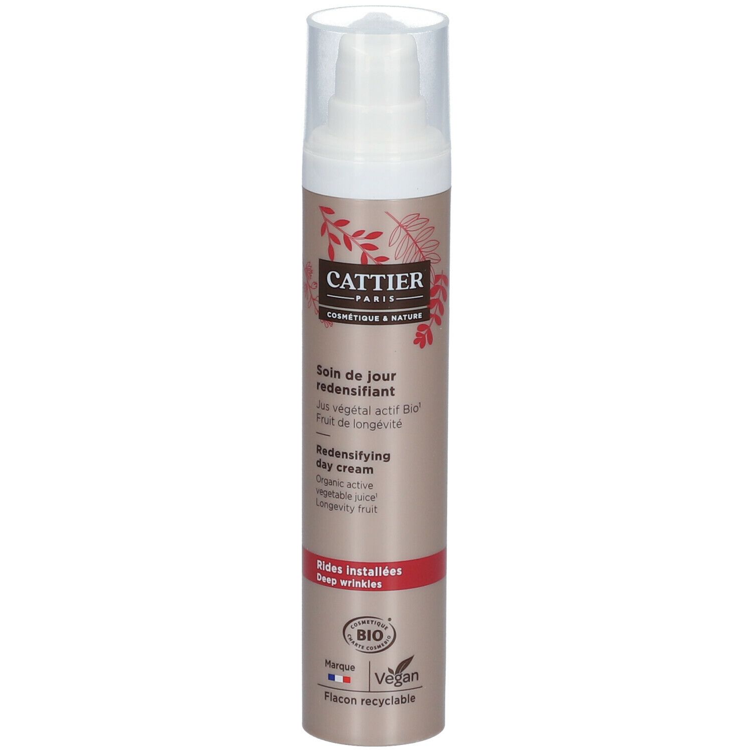 Cattier Tagespflege-Flasche. Weißer Spender, braune Flasche mit Text und Logo. Bio-Zertifizierung.