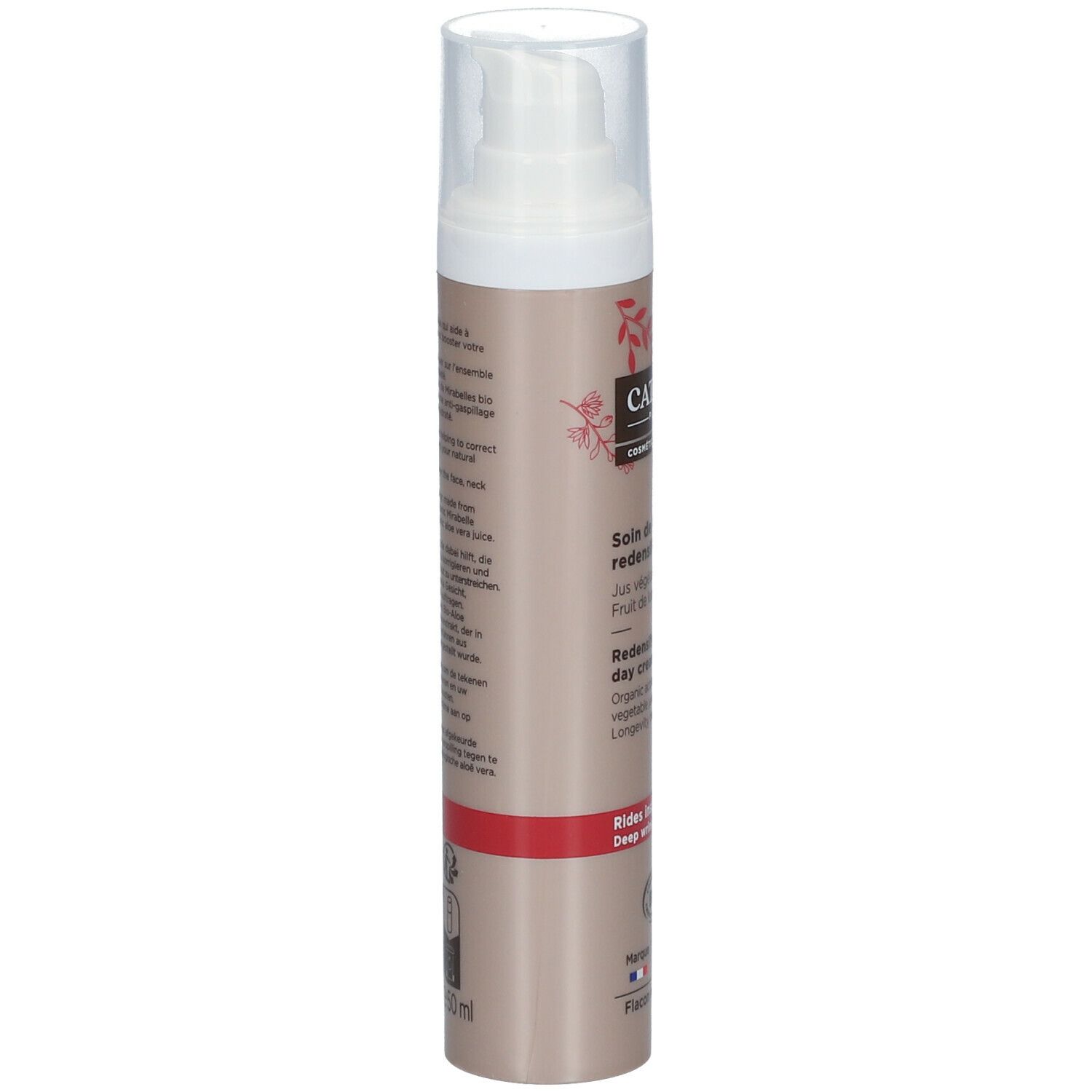 Cattier Tagespflege-Flasche. Braune Flasche mit Text und Logo. Bio-Zertifizierung und Vegan-Siegel.