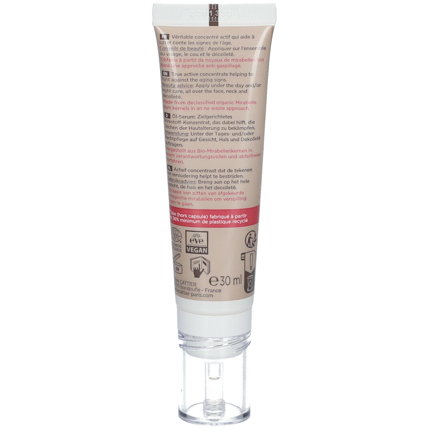 Rückseite der Cremetube. Text in mehreren Sprachen. Volumen: 30 ml. Vegan-Siegel. Herstellerinformationen.
