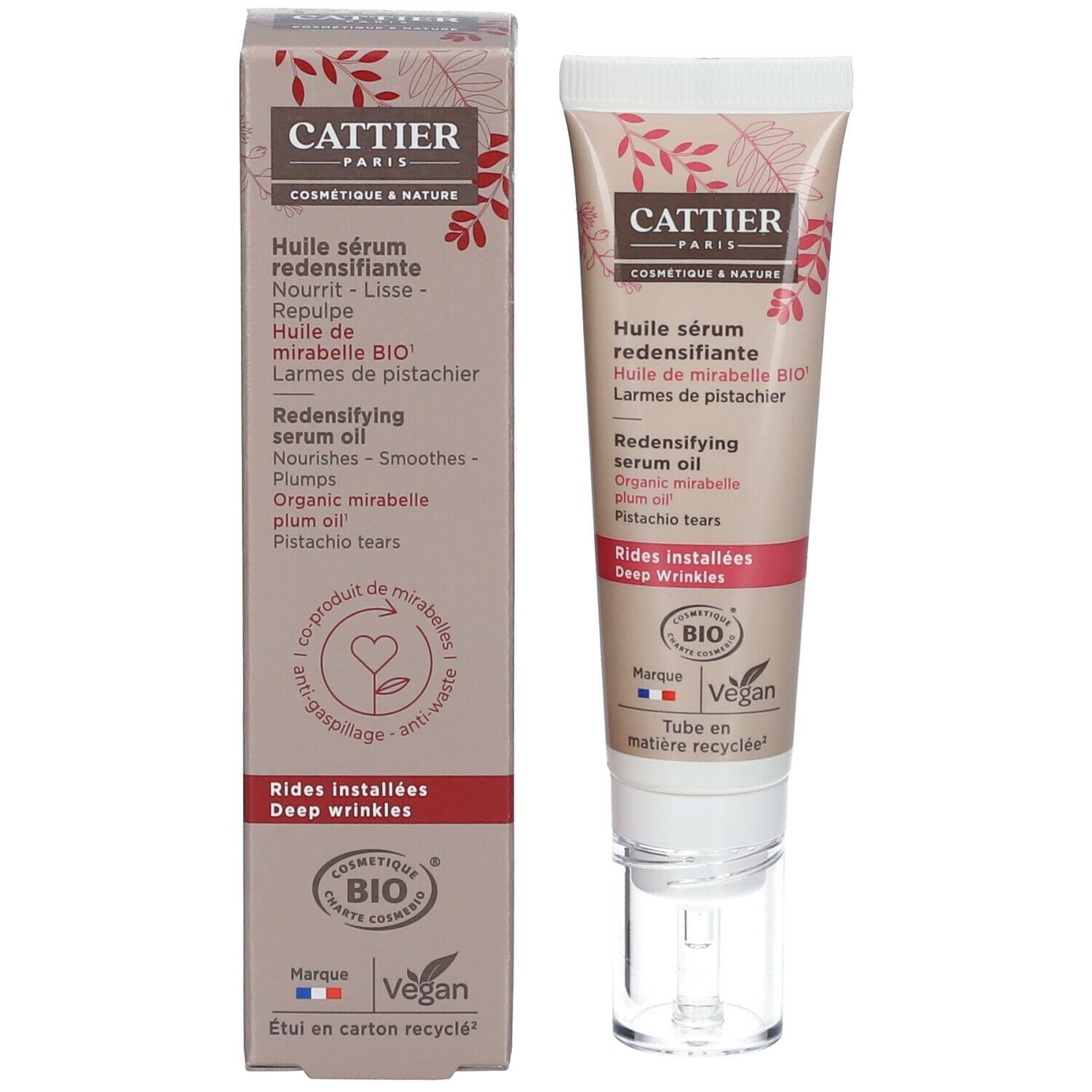 Produktverpackung mit Tube. Aufschrift: Huile sérum redensifiante. Mit Bio-Siegel und Vegan-Siegel. Kartonverpackung.