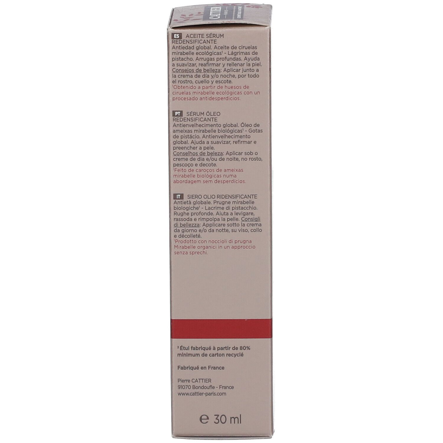Kartonverpackung. Text in mehreren Sprachen. Volumen: 30 ml. Herstellerinformationen. Hergestellt in Frankreich.