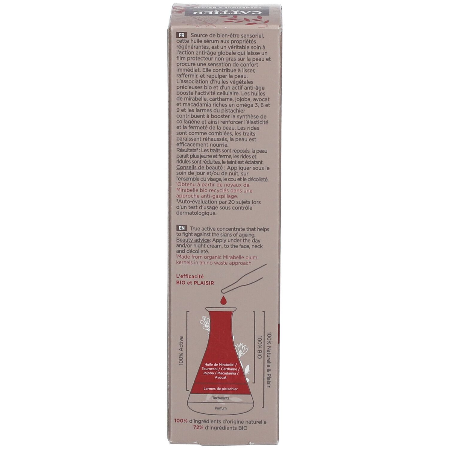 Kartonverpackung. Diagramm mit Inhaltsstoffen. Bio- und Vegan-Siegel. Text in mehreren Sprachen. 100% natürliche Inhaltsstoffe.