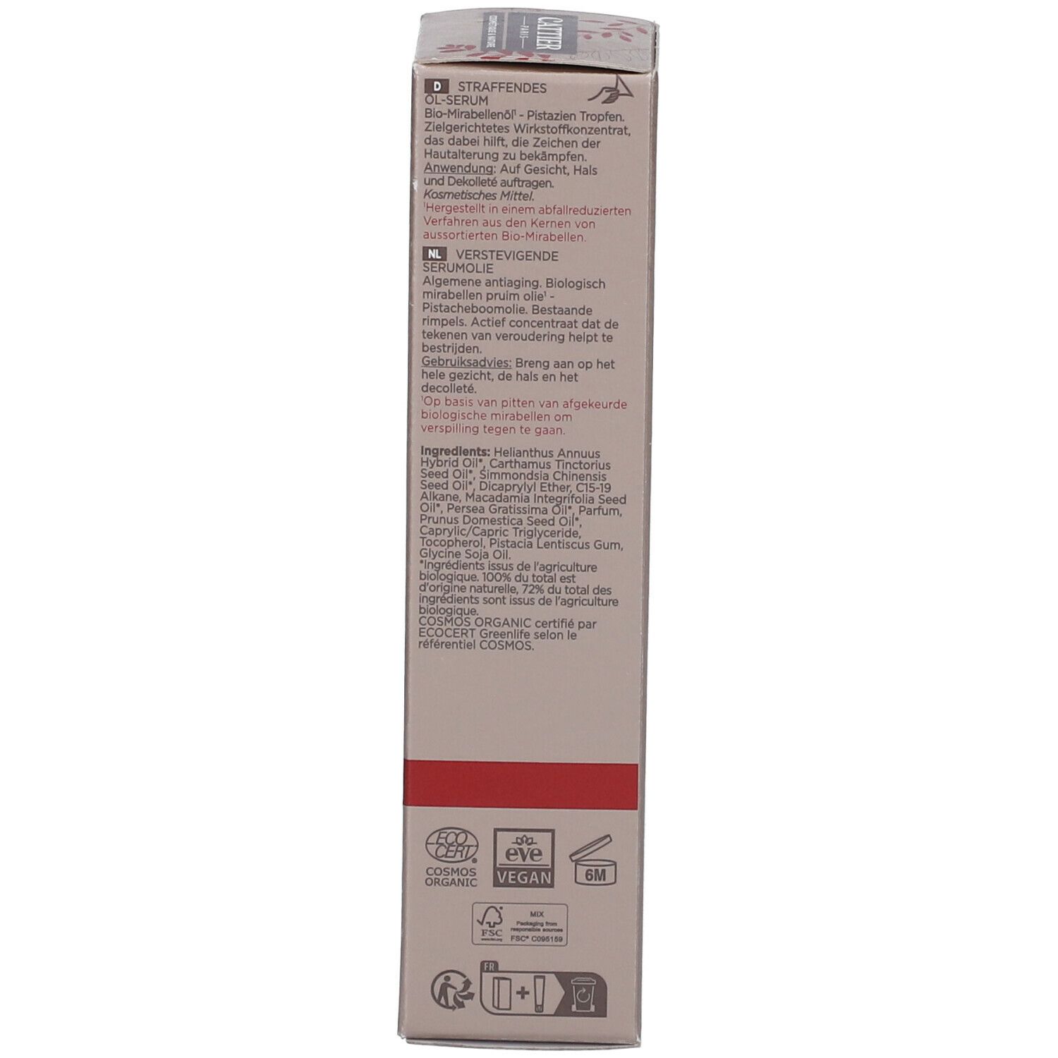 Kartonverpackung. Text in mehreren Sprachen. Inhaltsstoffe. Bio- und Vegan-Siegel. COSMOS ORGANIC-Zertifizierung.