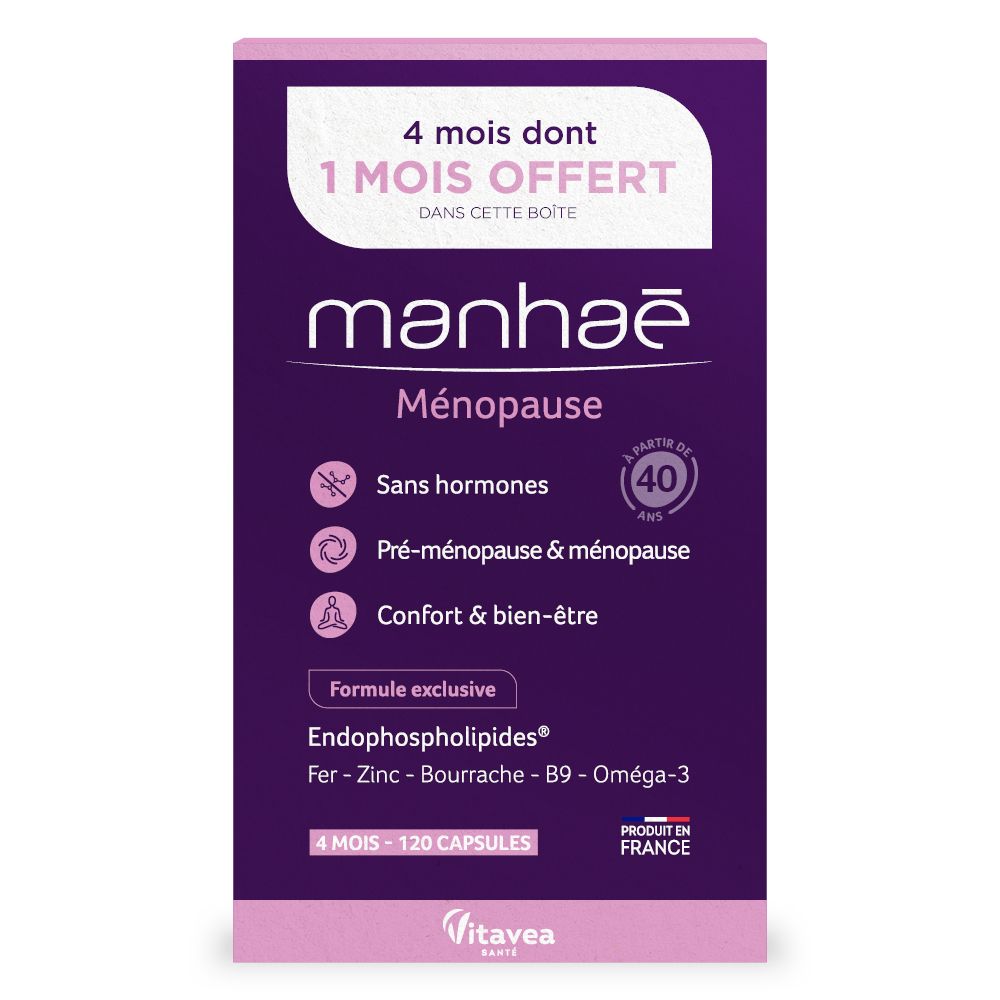 Boîte Manhaé. Boîte violette avec informations produit. Contient 120 capsules. Sans hormones. Fabriqué en France.