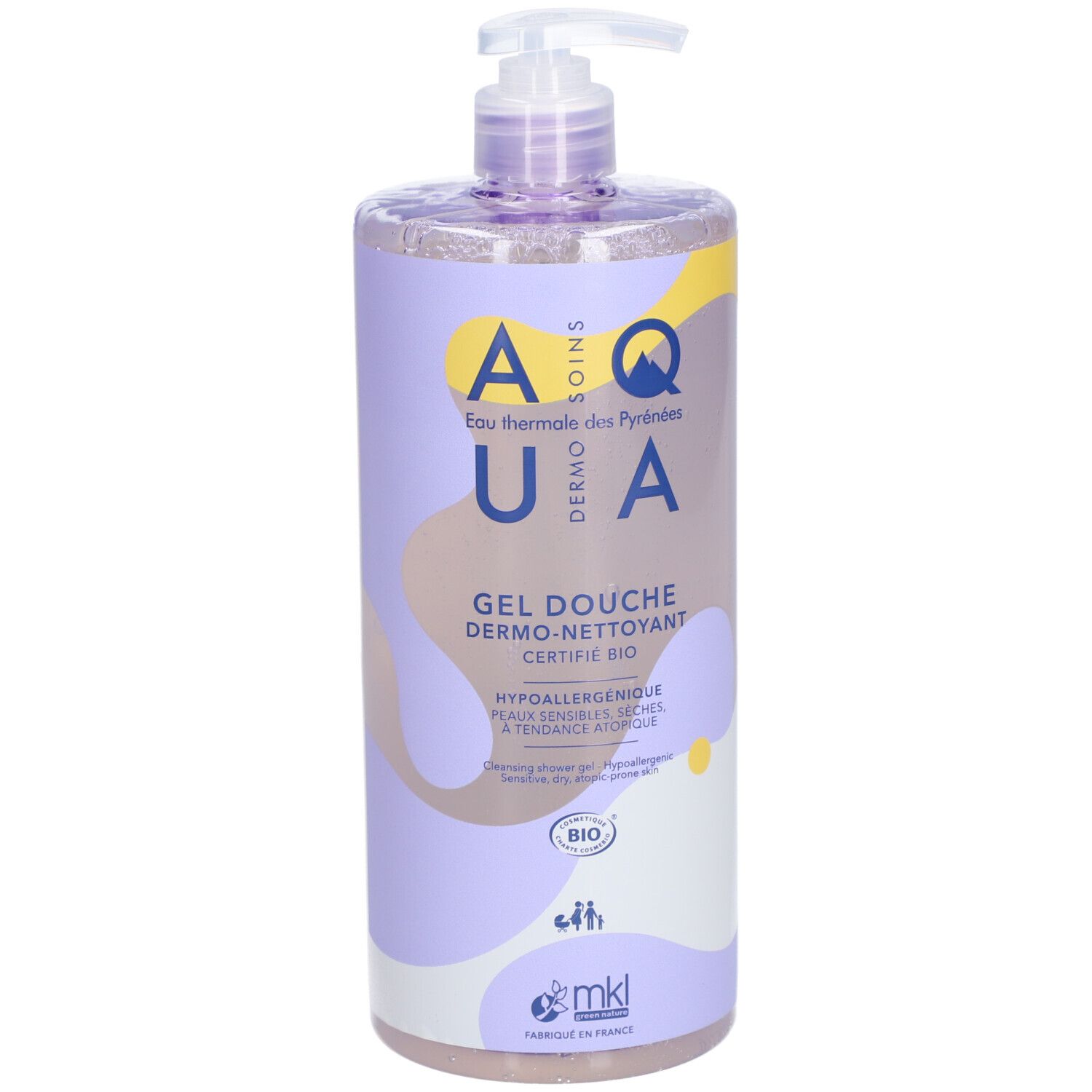 Flacon de gel douche avec pompe. Étiquette violette avec texte: Gel Douche, Dermo-Nettoyant, Certifié Bio. Marque: mkl.