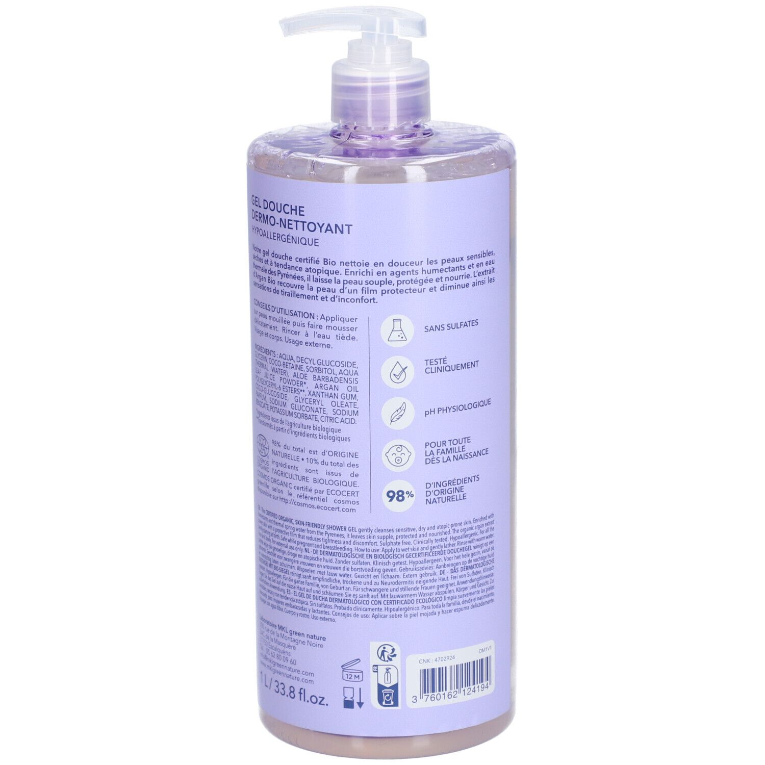 Dos du flacon de gel douche. Étiquette violette avec texte, ingrédients et certifications. Pompe en haut.