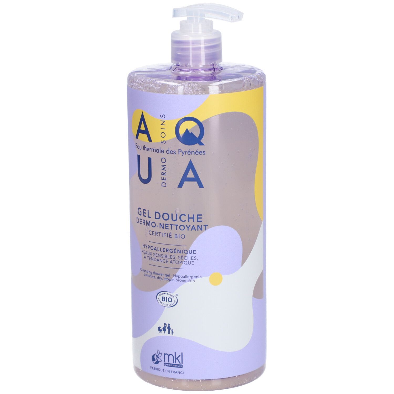 Flacon de gel douche avec pompe. Étiquette violette avec texte: Gel Douche, Dermo-Nettoyant, Certifié Bio. Marque: mkl.