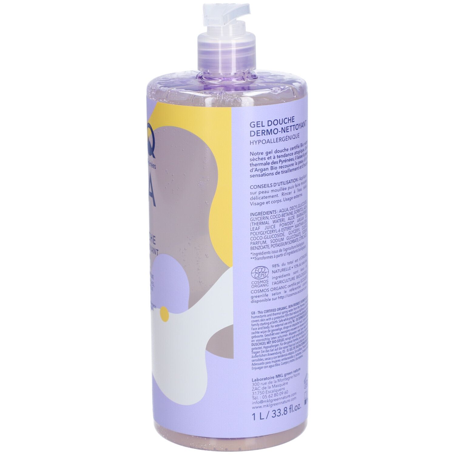 Dos du flacon de gel douche. Étiquette violette avec texte, ingrédients et certifications. Pompe en haut.