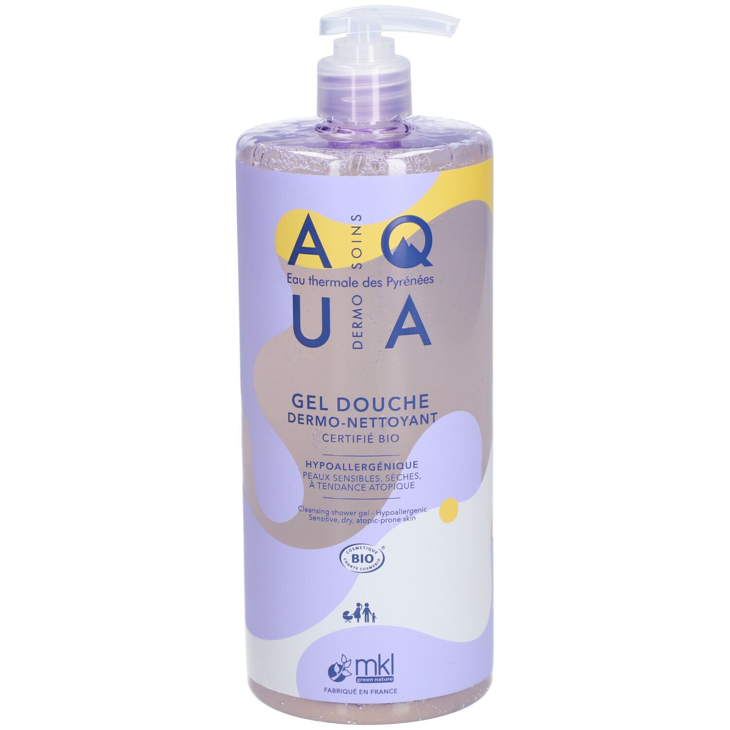 Flacon de gel douche avec pompe. Étiquette violette avec texte: Gel Douche, Dermo-Nettoyant, Certifié Bio. Marque: mkl.