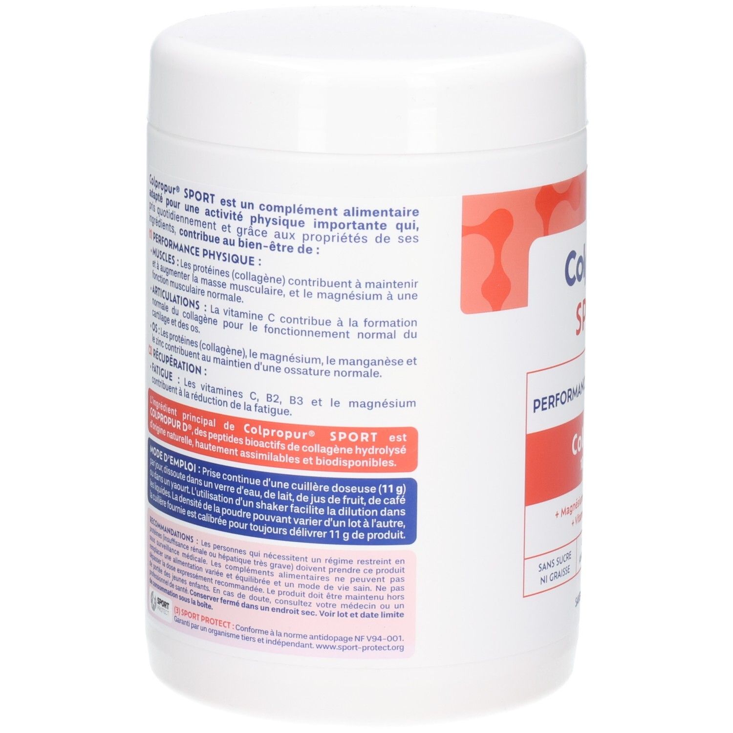 Rückseite einer Colpropur Sport Kollagen Pulverdose mit detaillierten Produktinformationen und Nährwertangaben.