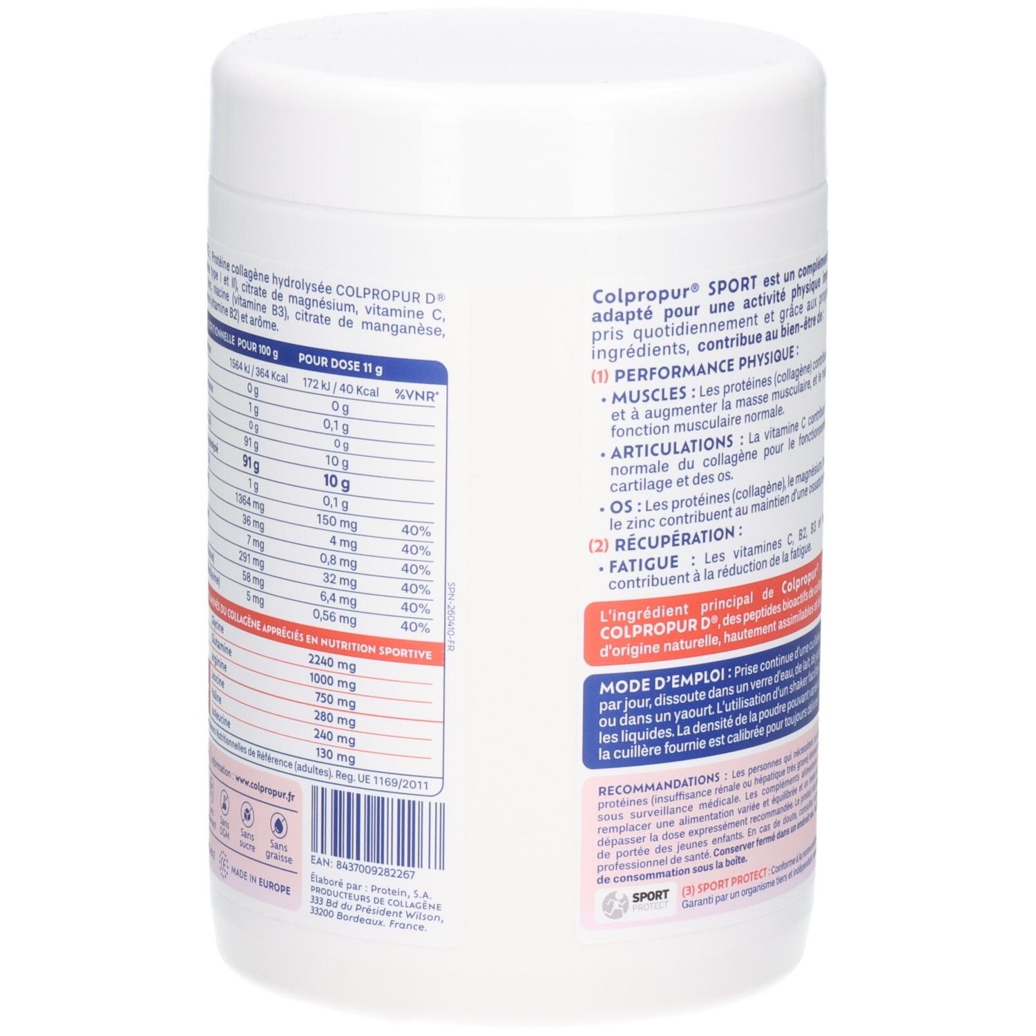 Seitenansicht einer Colpropur Sport Kollagen Pulverdose mit Nährwerttabelle und Aminosäureprofil.