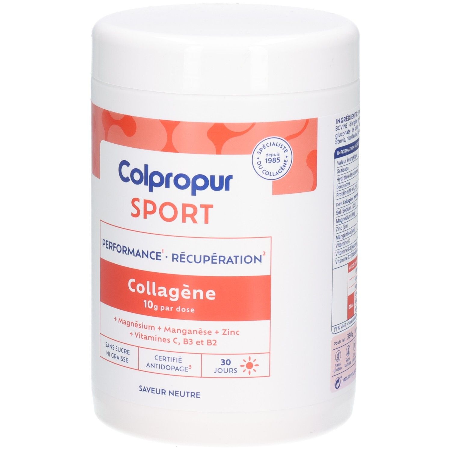 Colpropur Sport Kollagen Pulverdose mit 10g Kollagen pro Dosis, Magnesium, Mangan, Zink, Vitamine C, B3, B2. Neutraler Geschmack.
