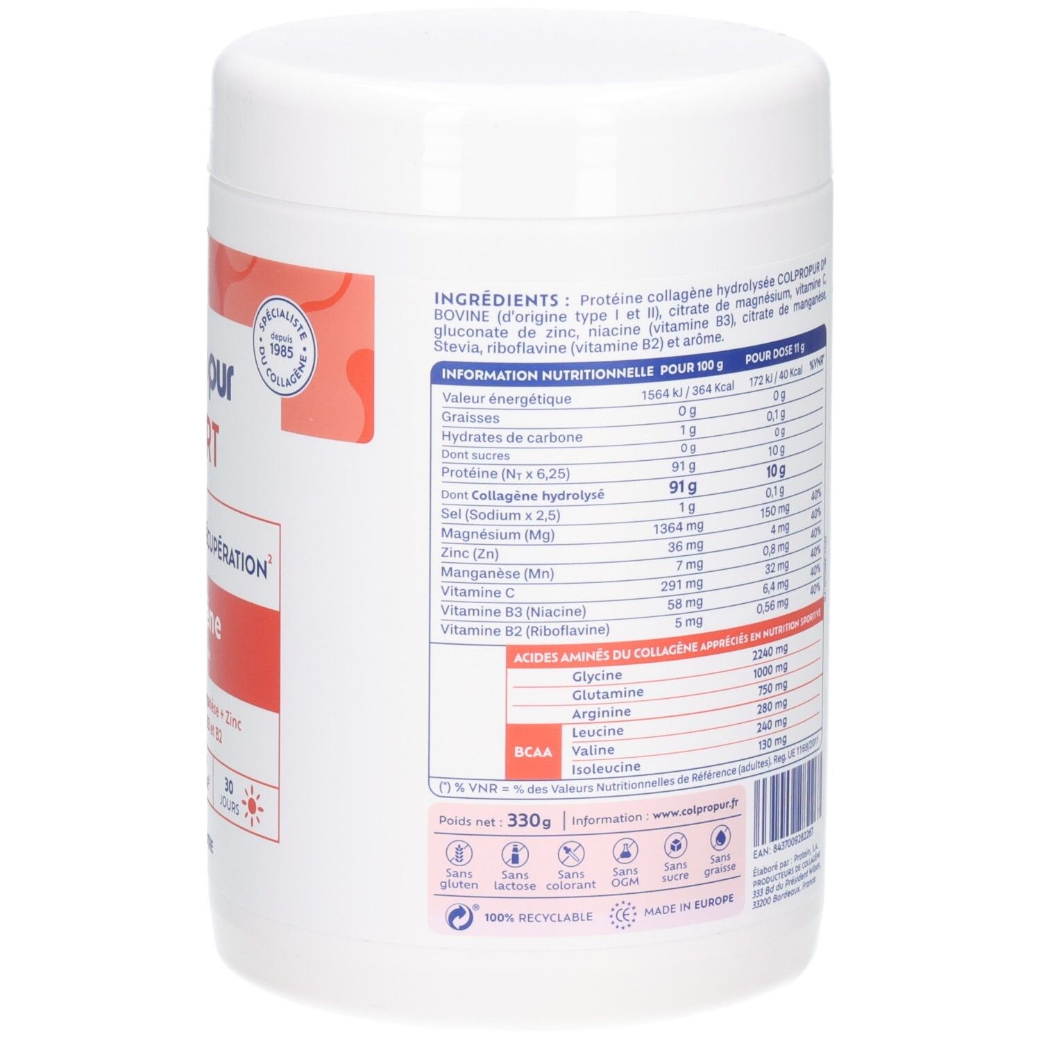 Vorderseite einer Colpropur Sport Kollagen Pulverdose mit Informationen zu Inhaltsstoffen und 30 Tagesrationen.