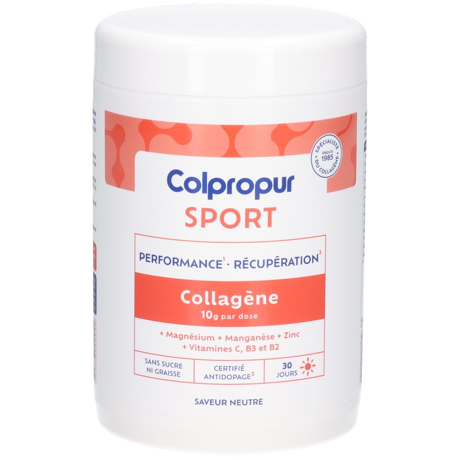 Colpropur Sport Kollagen Pulverdose mit Nährwertangaben pro 100g und pro 11g Dosis. Enthält Kollagenhydrolysat, Vitamine und Mineralien.