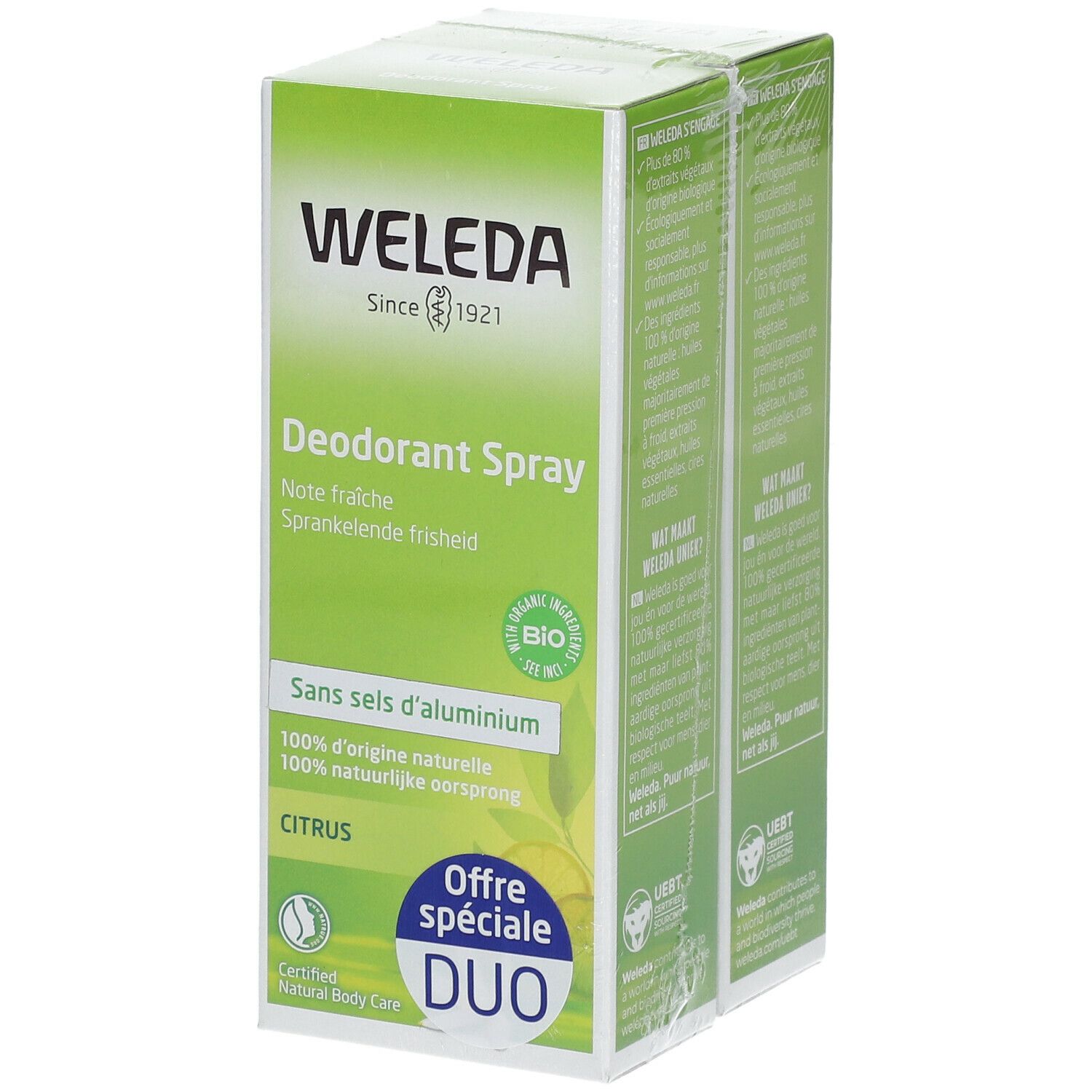 Deux boîtes vertes de WELEDA Citrus Déodorant Spray Duo. Texte : Sans sels d'aluminium, certification bio, offre spéciale Duo.