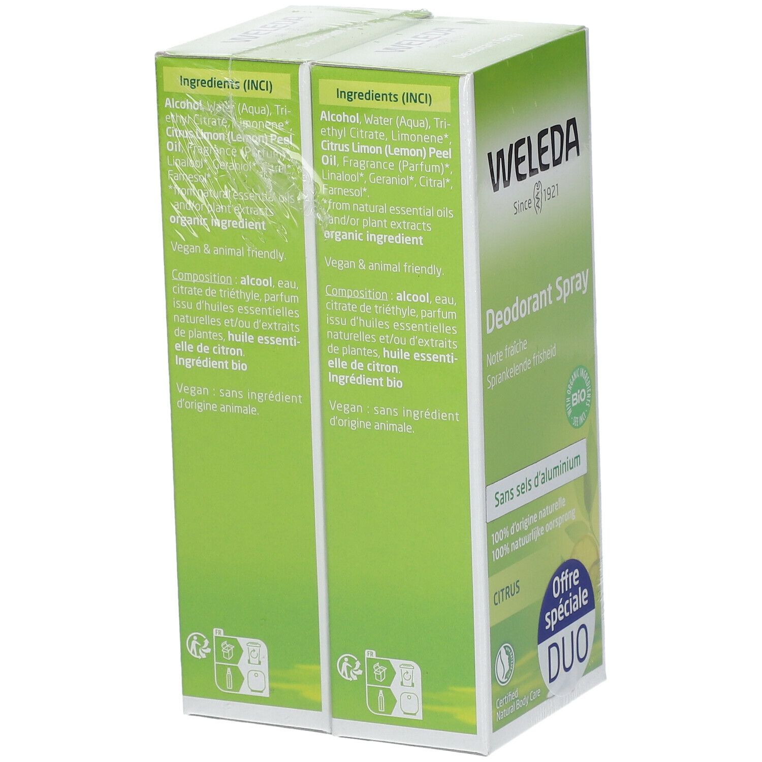 Dos des boîtes vertes de WELEDA Citrus Déodorant Spray Duo. Texte : Ingrédients, vegan, sans cruauté, certification bio.