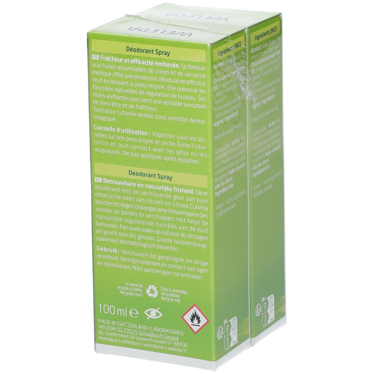 Vue latérale des boîtes vertes de WELEDA Citrus Déodorant Spray Duo. Texte : Conseils d'utilisation, certification bio, 100ml.