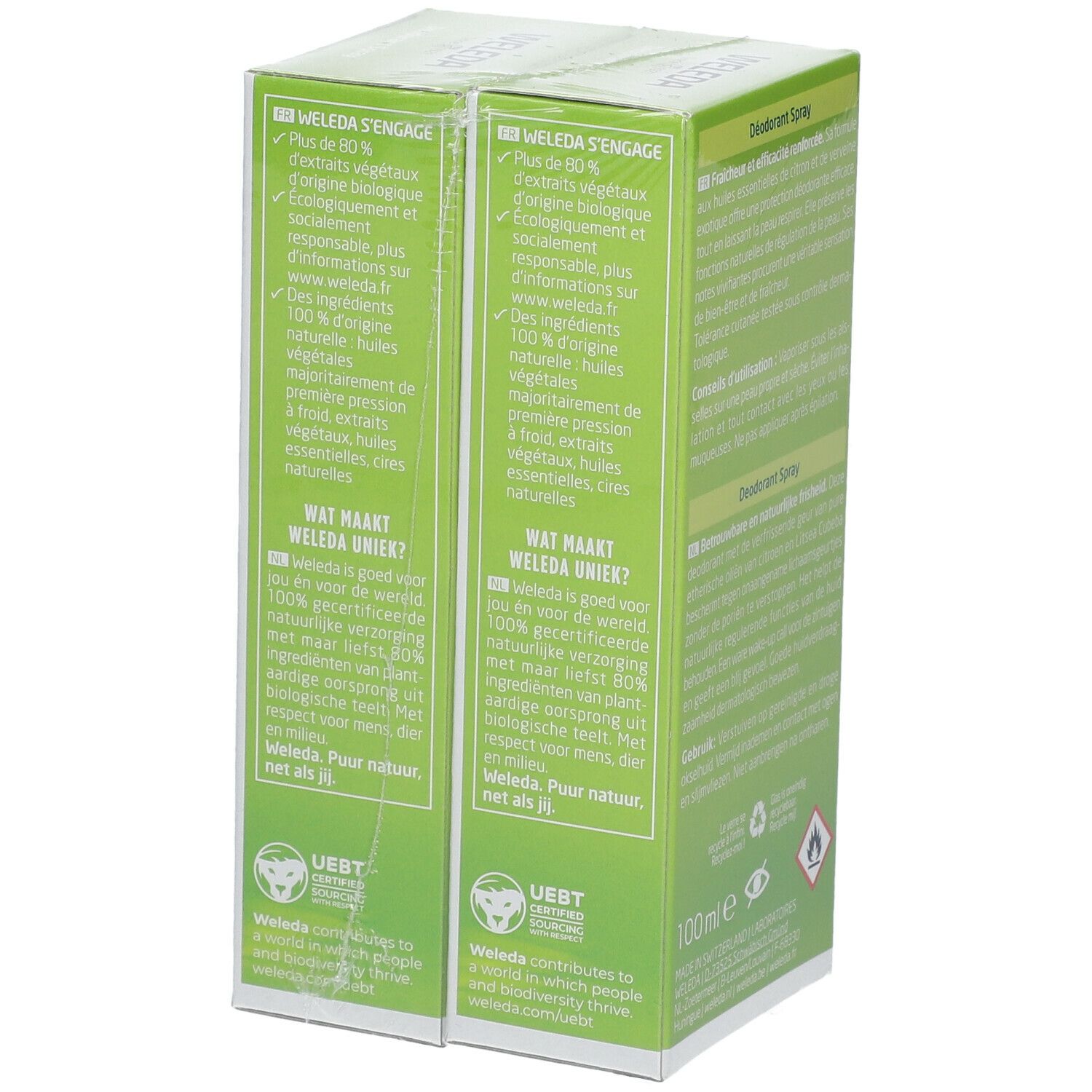 Dos des boîtes vertes de WELEDA Citrus Déodorant Spray Duo. Texte : Certification bio, vegan, ingrédients 100% naturels.