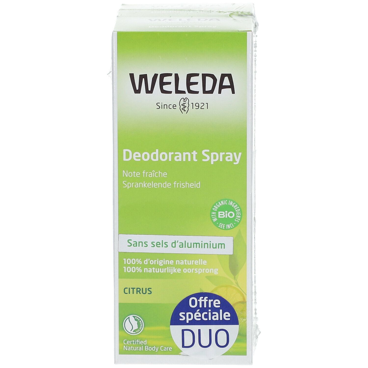 Boîte verte unique WELEDA Citrus Déodorant Spray Duo. Texte : Sans sels d'aluminium, certification bio, offre spéciale Duo.