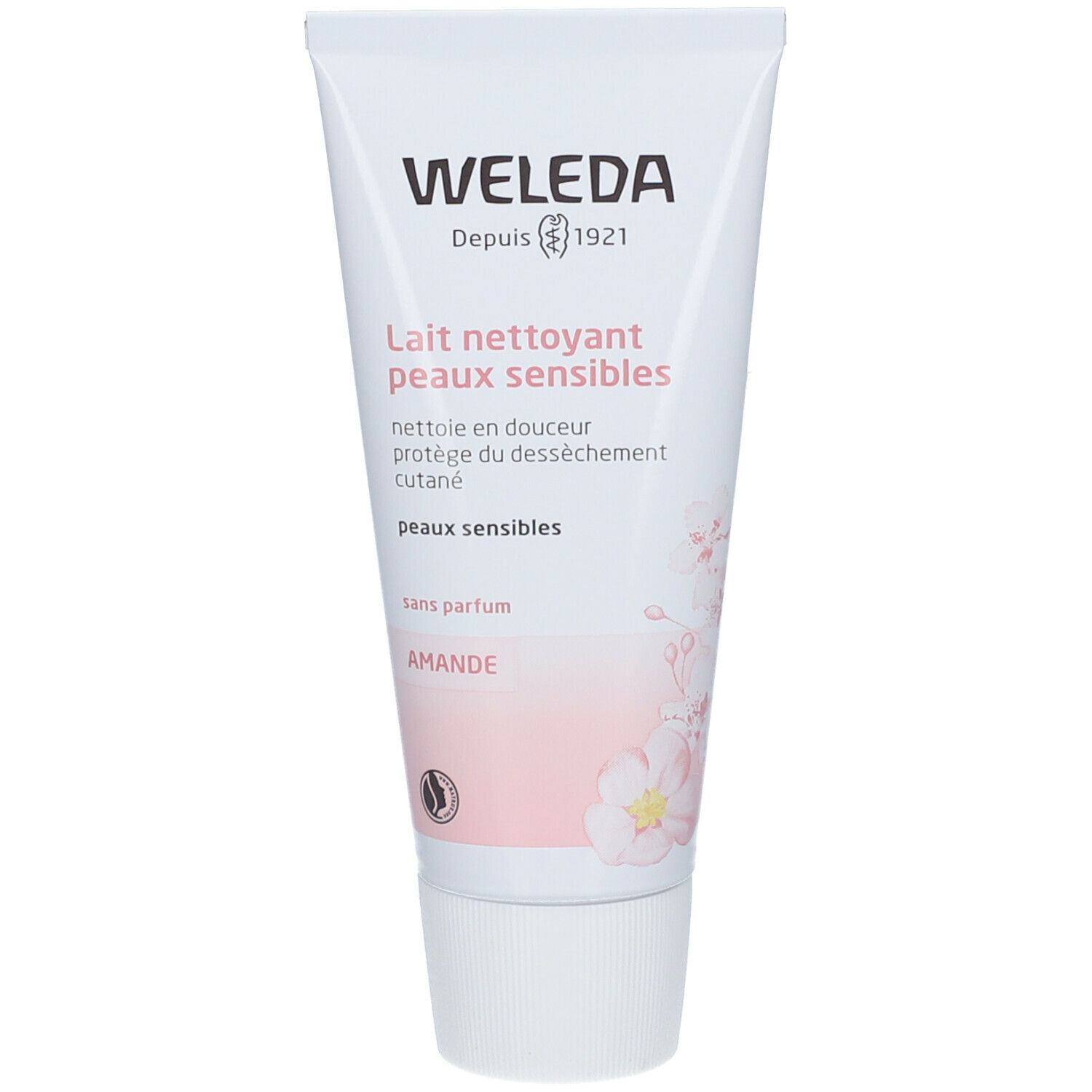 Tube blanc avec texte et motif floral. Inscription: WELEDA, Lait nettoyant peaux sensibles, sans parfum, Amande.