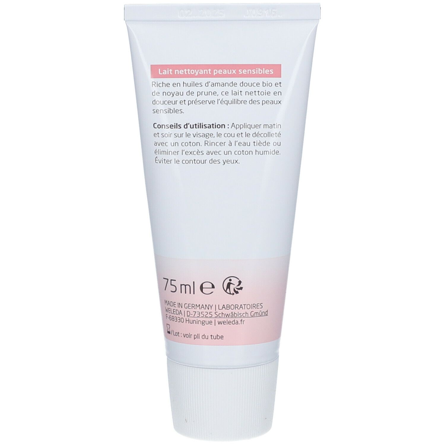 Dos du tube. Texte: ingrédients, conseils d'utilisation. Logo: Made in Germany. Volume: 75 ml.