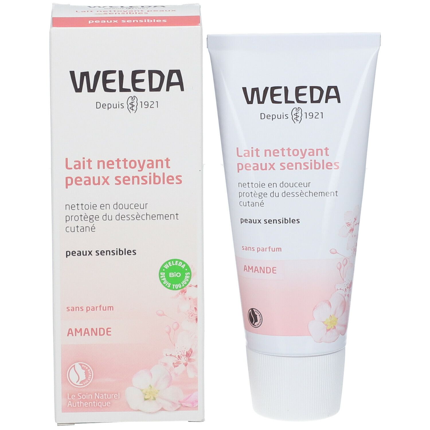 Produit et emballage. Tube blanc et carton avec texte et motif floral. Inscription: WELEDA, Lait nettoyant peaux sensibles.