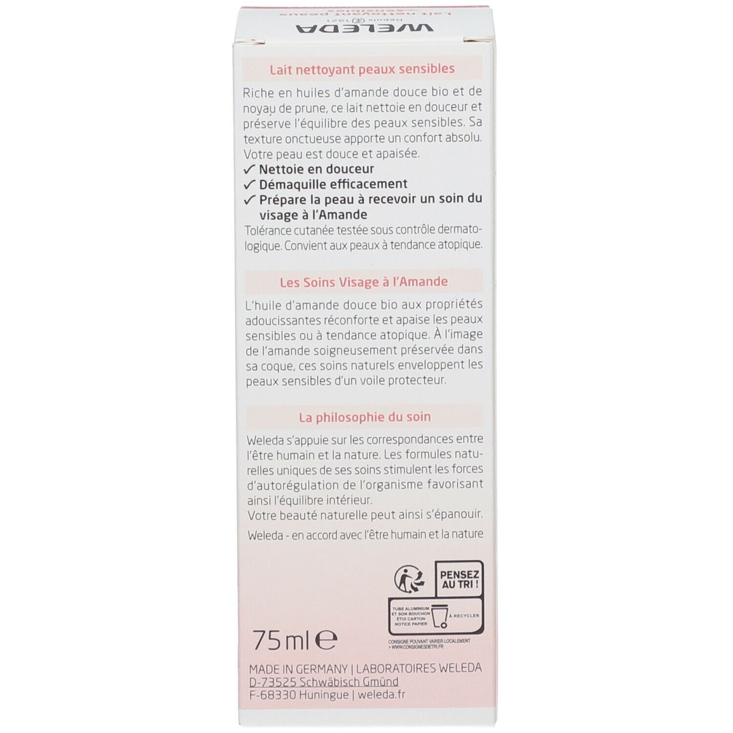 Boîte. Texte: description du produit, conseils d'utilisation. Logo: 75ml e. Made in Germany. Texte: Laboratoires WELEDA.