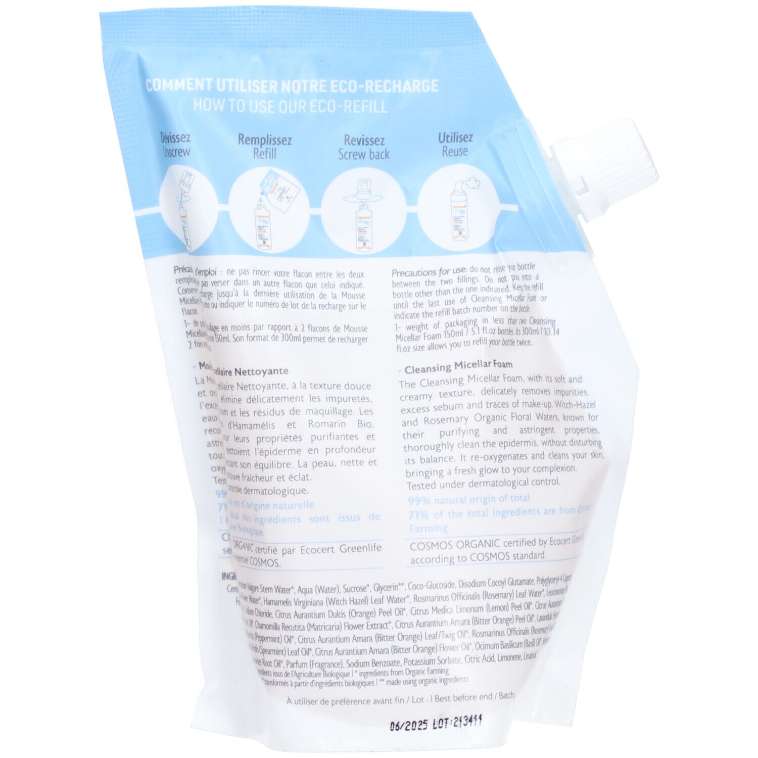 Rückseite der Nachfüllpackung Florame Mizellen-Reinigungsschaum. Text mit Gebrauchsanweisung und Inhaltsstoffen. COSMOS ORGANIC.
